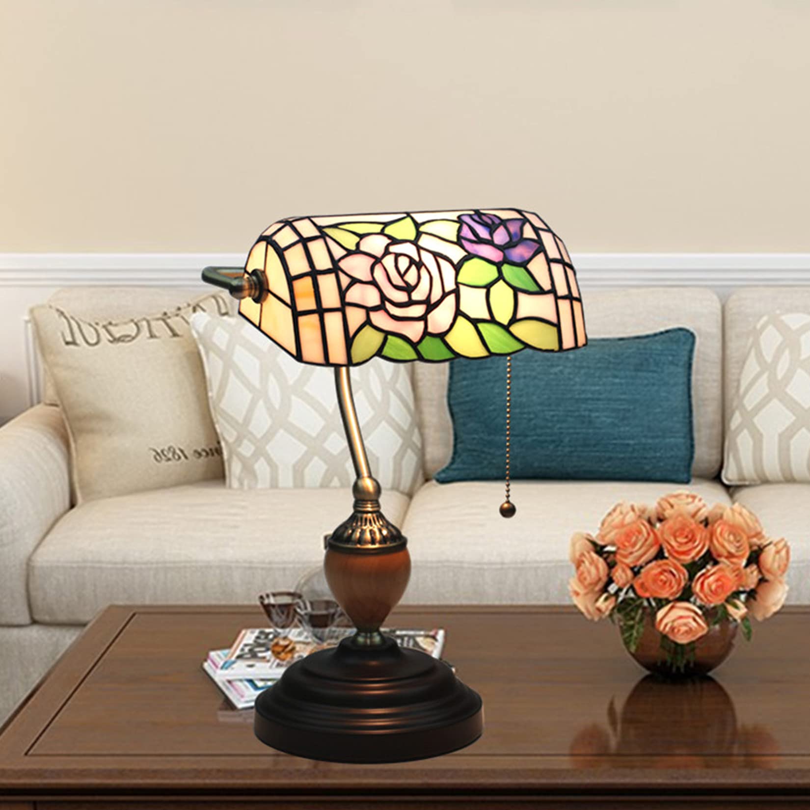 AIBOTY Banker Lamp Tiffany Desk Lamp Floral Style Lampshade Stained Glass Table Lamp Bedside Nightstand Piano Reading Lamp Work Study Desktop Light Decor Homebedroom Living Room Office,Z