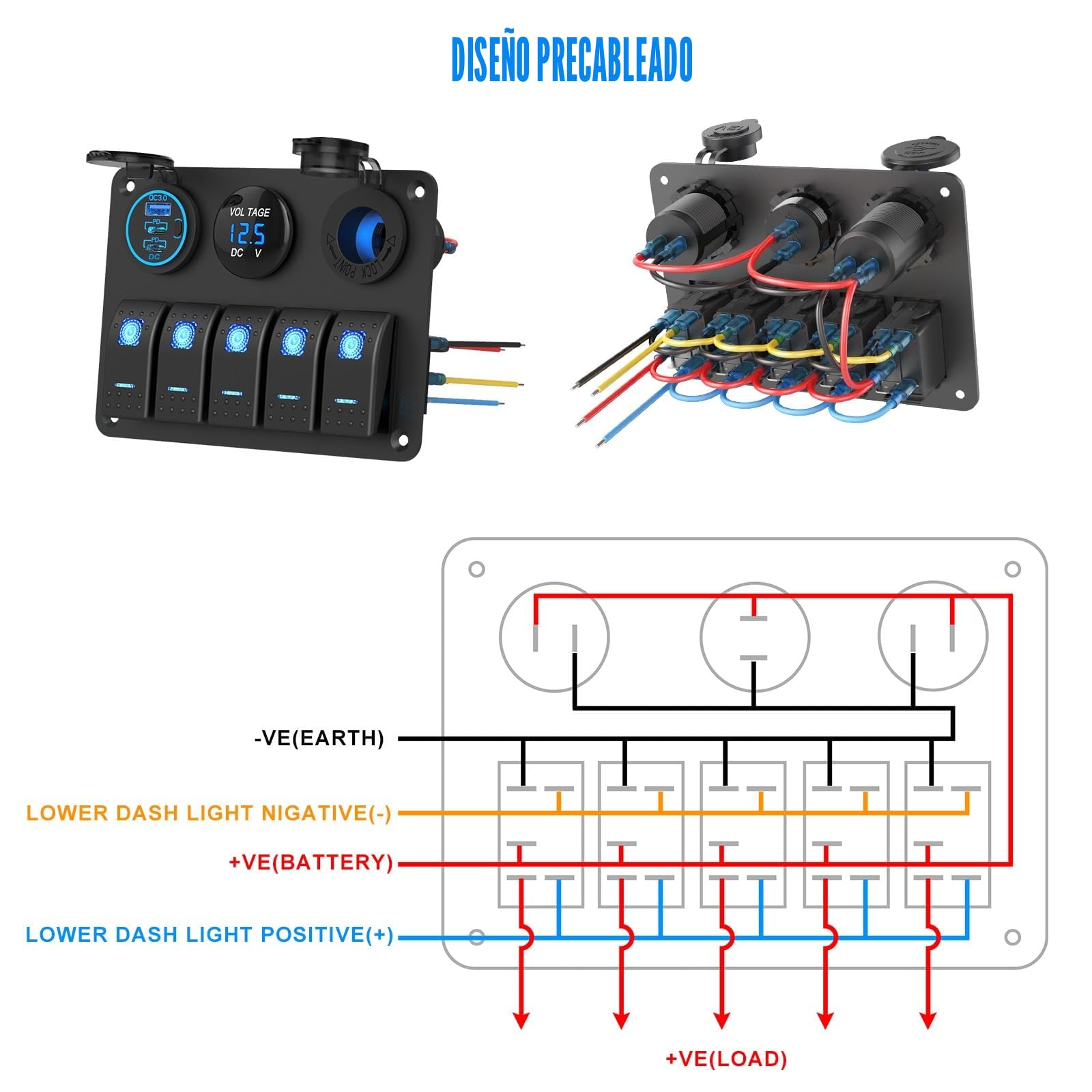 Panel de Interruptores Marinos Impermeables, 5 Gang Rocker Switch Cargador de Aluminio con 3 puertos 66W 12V USB Outlet, 150W Enchufe del encendedor y Voltímetro LED azul para Camión Coche RV, etc.