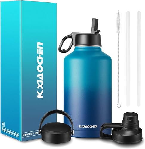 Miniatura 44 de KXIAOCHEN Botella de agua aislada, botella de agua de acero inoxidable, 2 tapas (con pajilla y tapa con asa), botellas de agua metálicas de boca