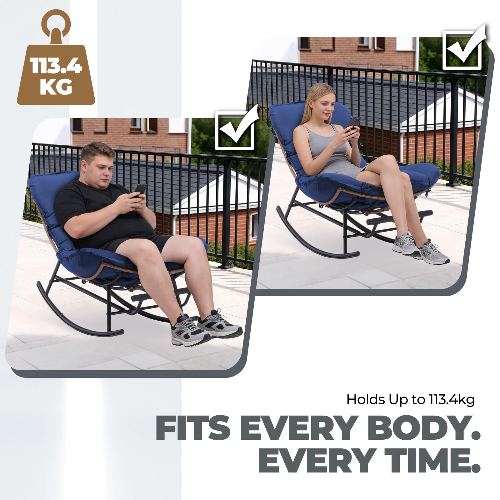 COMHOMA Sedia a dondolo, poltrona relax, struttura in acciaio, poggiapiedi estraibile, portata fino a 136 kg, per dormire, soggiorno, terrazza, giardino, blu
