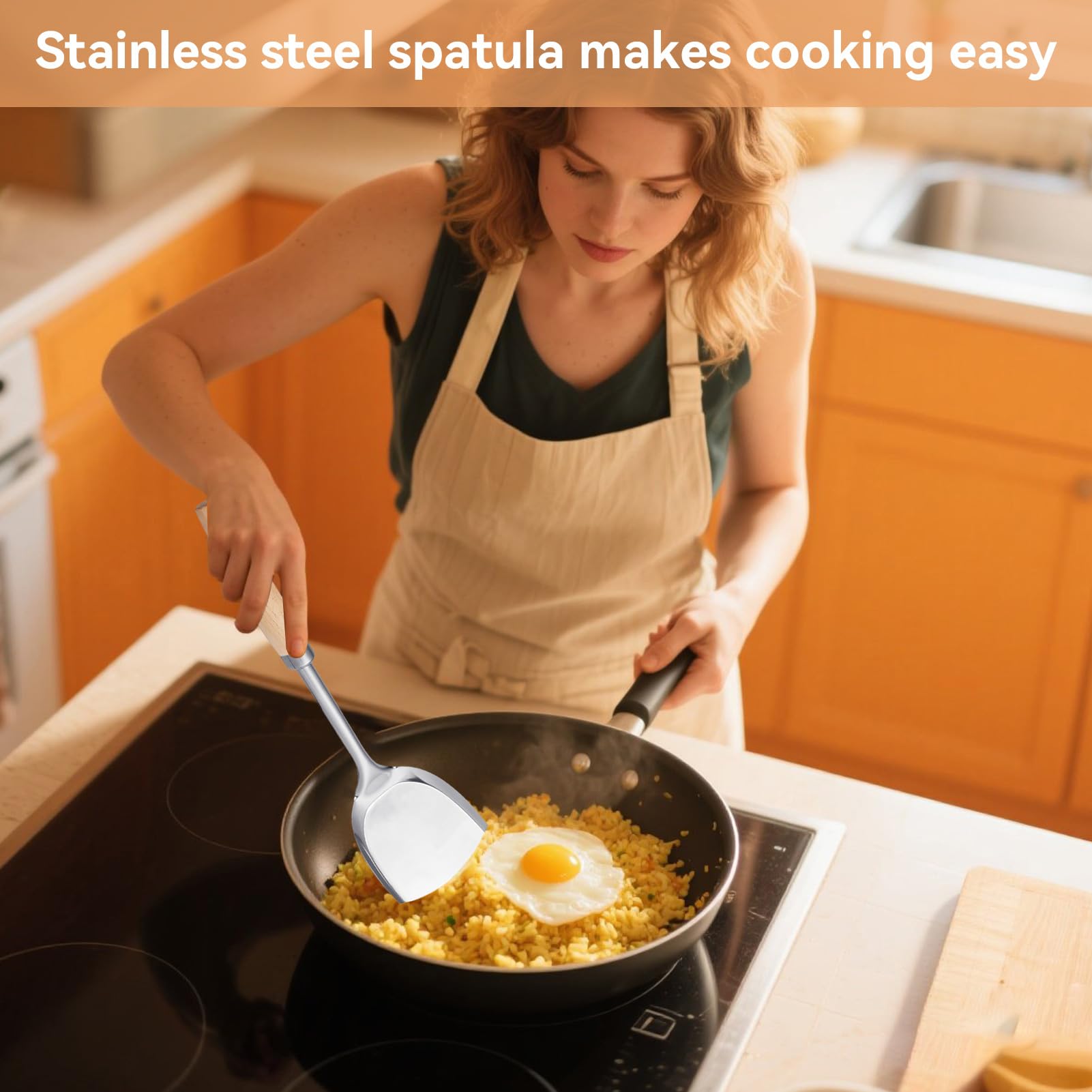 Spatola cinese per wok, spatola in acciaio inossidabile 304 con manico in legno resistente al calore, utensili wok, argento/40 cm