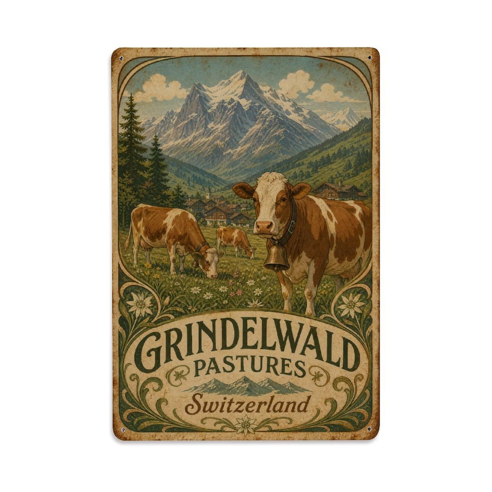 Gead 8X12inch Style Vintage Travel Grindelwald Switzerland Cows Metal Tin Sign