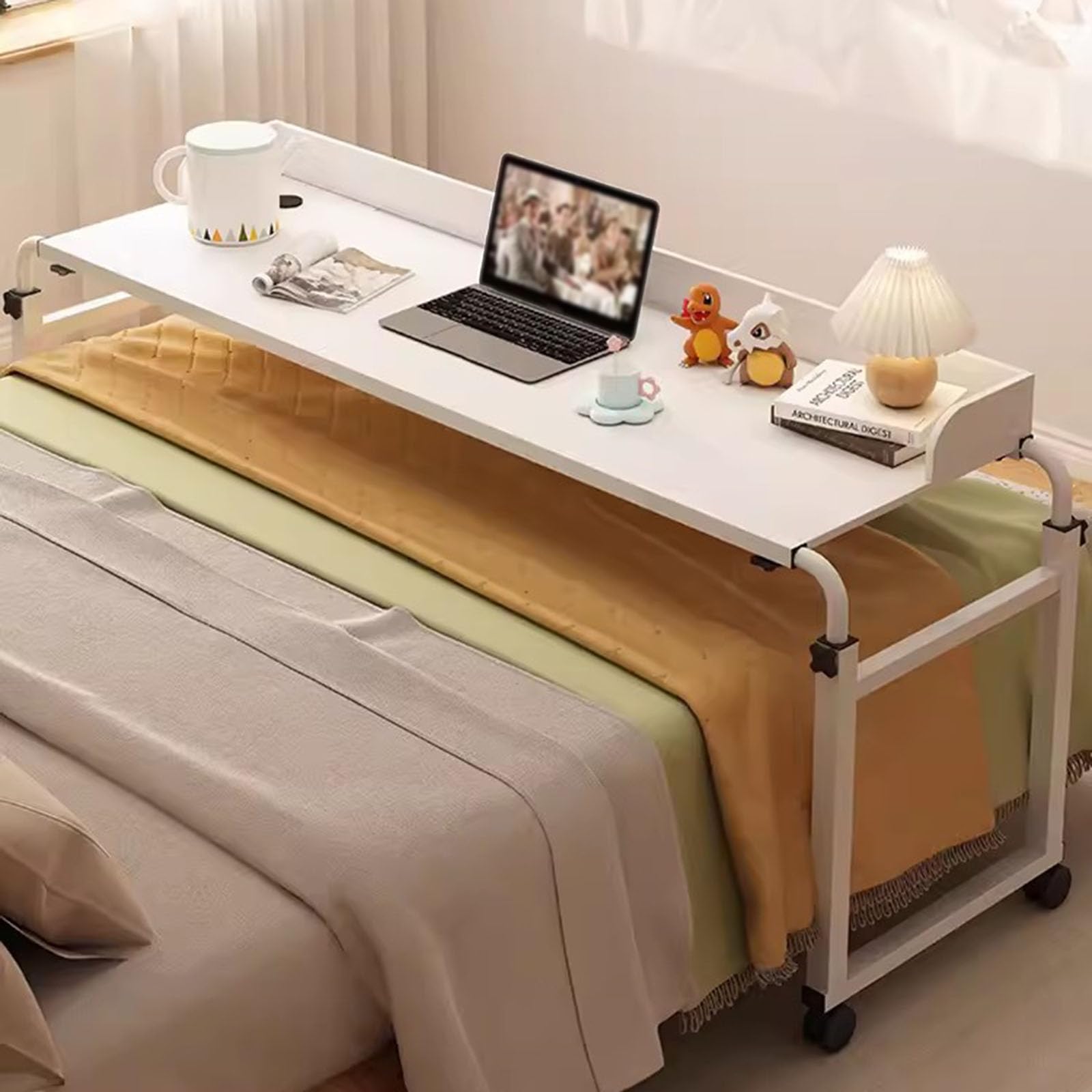 ZHFASDS Tray Sofa Side Bed Laptop Cart,Food Tray Desk Rolling Medical Table Over Bed Desk Height Adjustable 65-95cm Rolling Bed Bar Table For Eating Reading Working(Color:White)