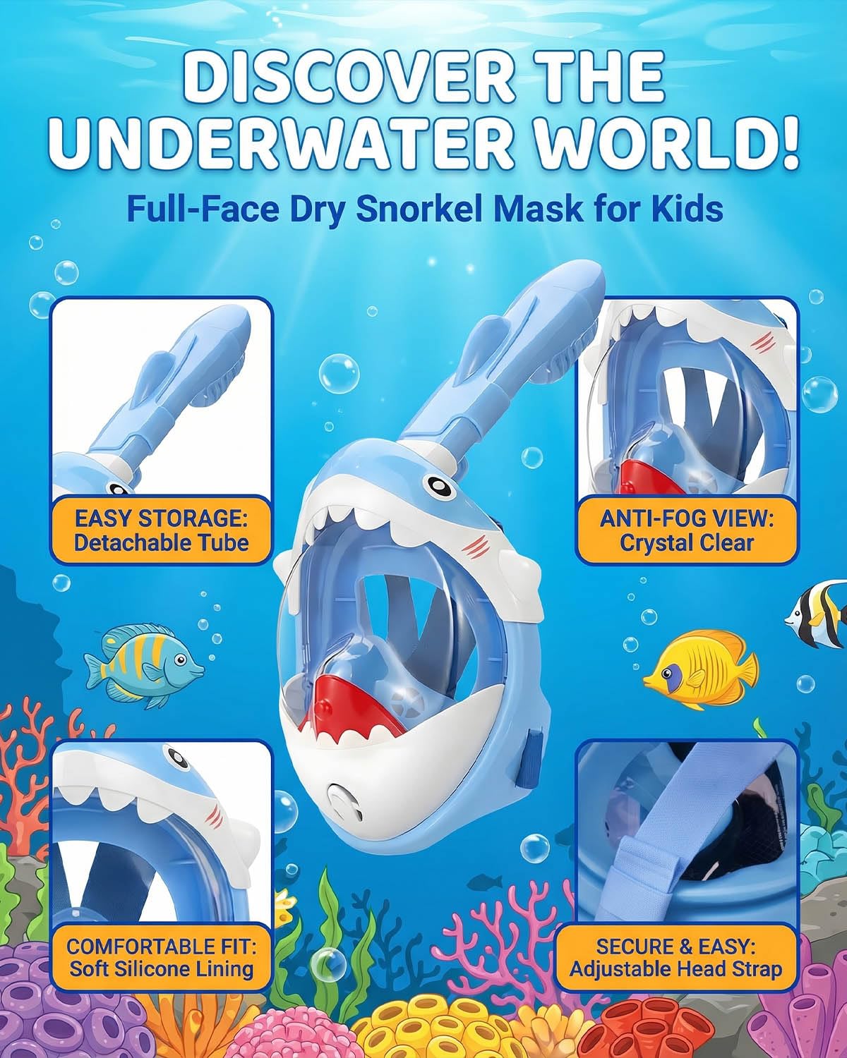 Maschera da snorkeling integrale per bambini, motivo squalo blu, progettata per bambini dai 5 ai 10 anni, visione ad alta definizione a 180°, anti-appannamento, anti-perdite e funzione Dry Top, per