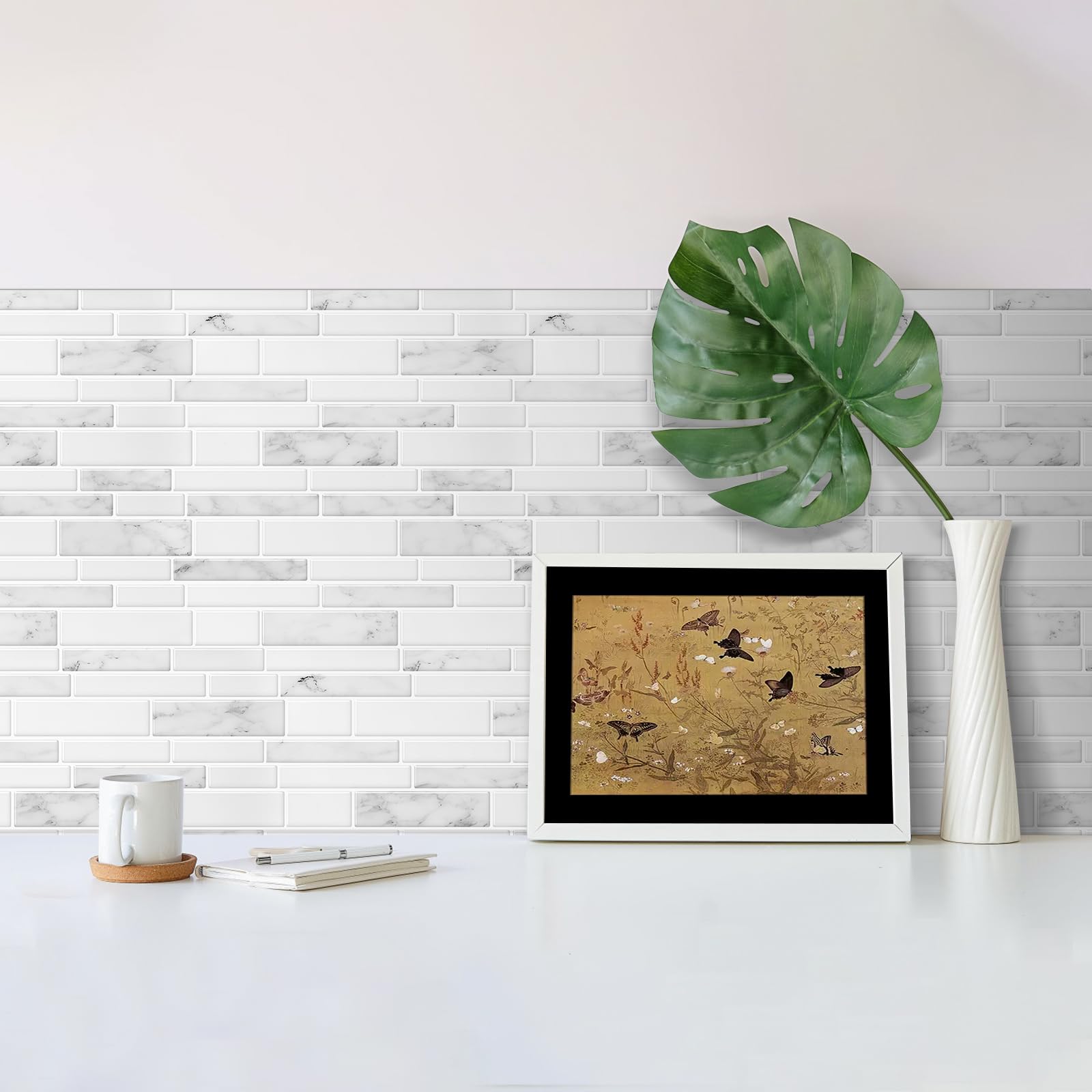 Marble Tile Stickers, Peel And Stick Marble Stick On Tiles 60 X 30cm, 10PCS PVC Self Adhesive Wall Backsplash Tiles For Kitchen Bathroom (Beige Slate - View #8