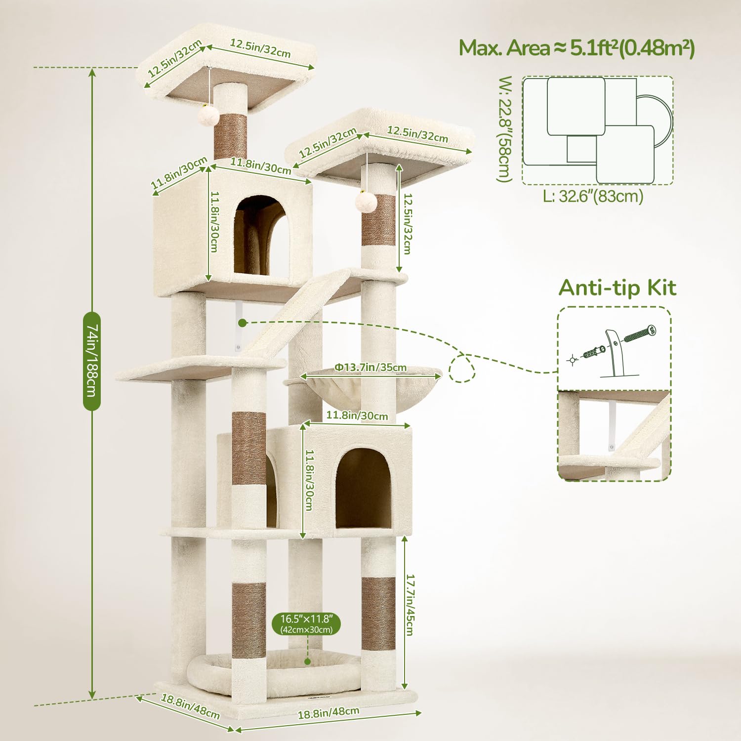 Globlazer Arbre a Chat Beige Grand Hauteur 189 cm avec 2 Niches, 2 Perchoirs rembourrés, Pente Sisal Peluche, Lit Amovible, Arbres à Chat Solide pour Chats Repos Jeu Escalade Intérieur (F74D, Beige) | Arbre à chat avec 2 maisons pour chat, 2 perchoirs rem