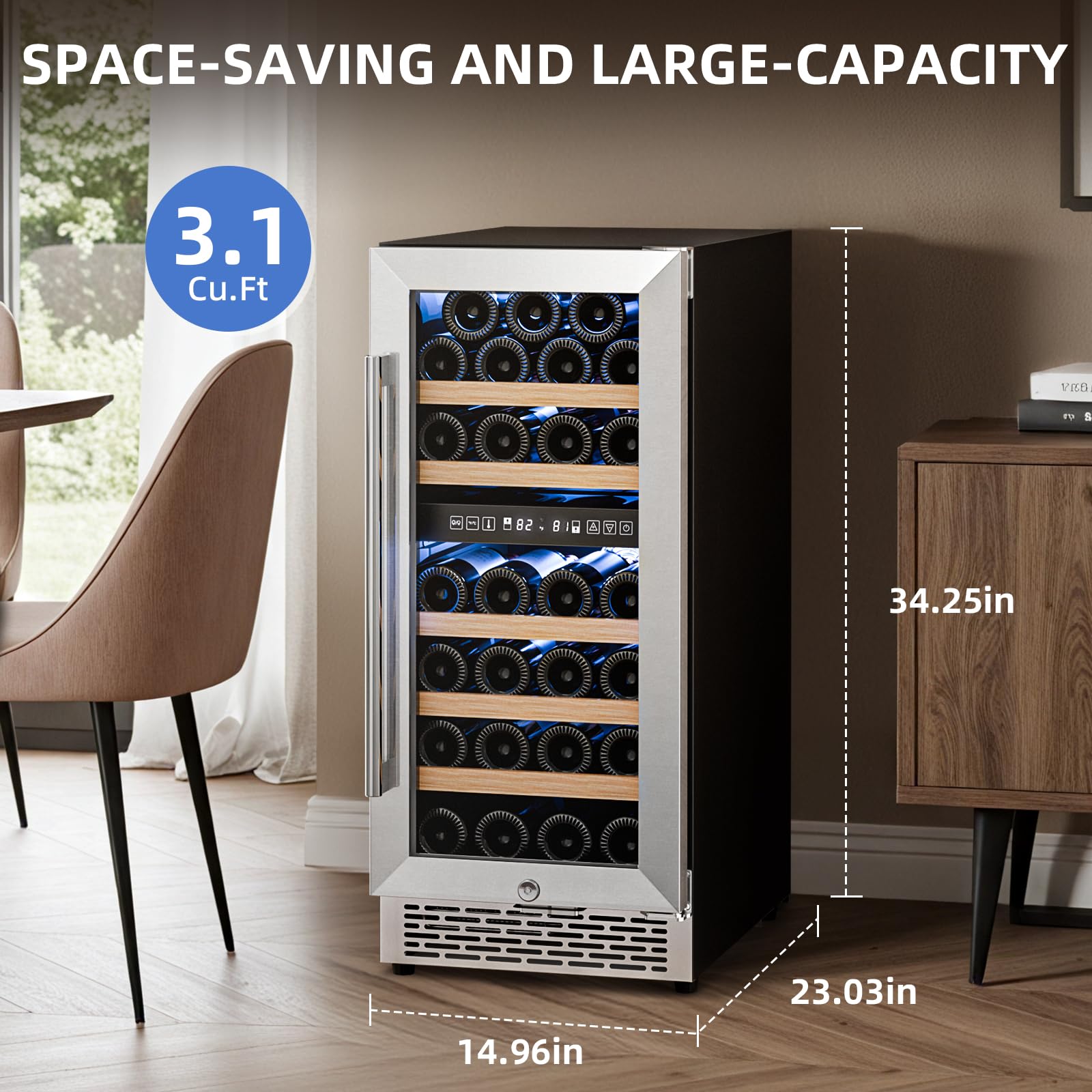 Antarctic Star Wine Fridge 15 Inch Wine Cooler Refrigerator,27 Bottles Dual Zone Freestanding Or Bulit-In Wine Cooler Fridge With Stainless Steel Double-Layer Tempered Glass Door,3.1cu.Ft on Fridge.com - View 5