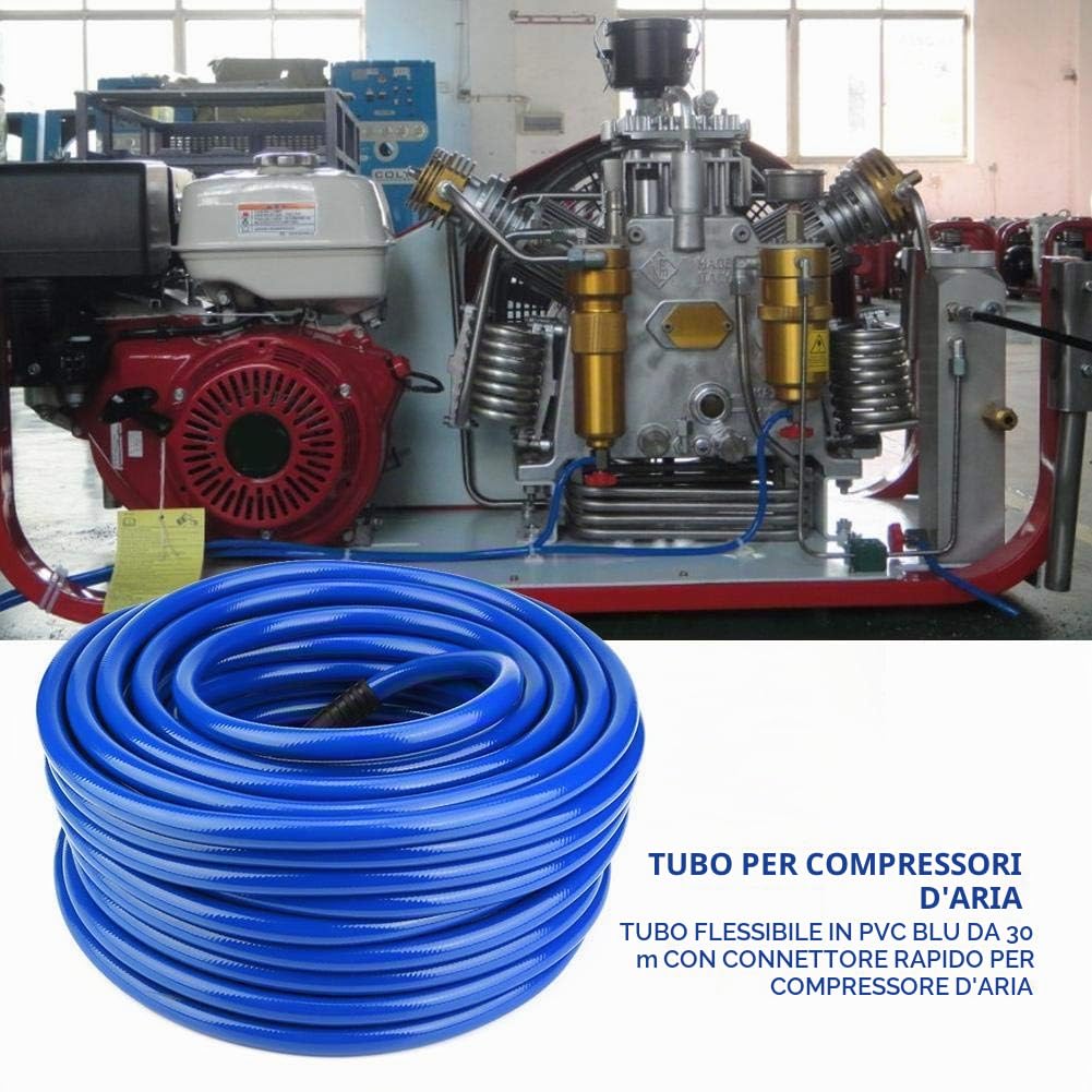Ejoyous 900 Psi - Tubo aria compressa in gomma, 30 m, tubo pneumatico flessibile per compressore d'aria in PVC, raccordo rapido e attacco rapido con connettore rapido 1/4" BPS, diametro interno 9,5