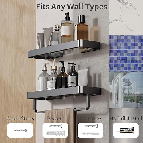 Miniatura 7 de Danpoo Estantes de baño flotantes negros de 16 pulgadas con toallero, estante de pared de vidrio templado transparente, paquete de 2