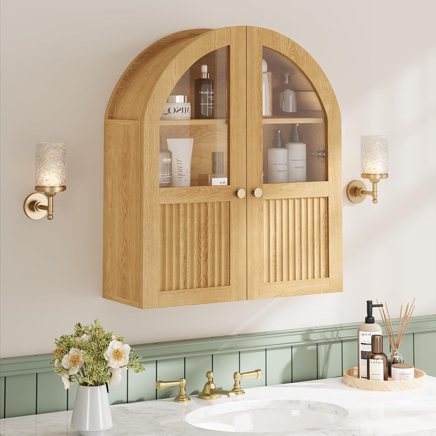 Arched Bathroom Wall Cabinet, 24 x 28 Inch Over The Toilet Storage Cabinet with Glass Door, Fluted, Adjustable Shelf, Wall Mounted Floating Wooden Medicine Cabinets for Bathroom Laundry Room, Natural