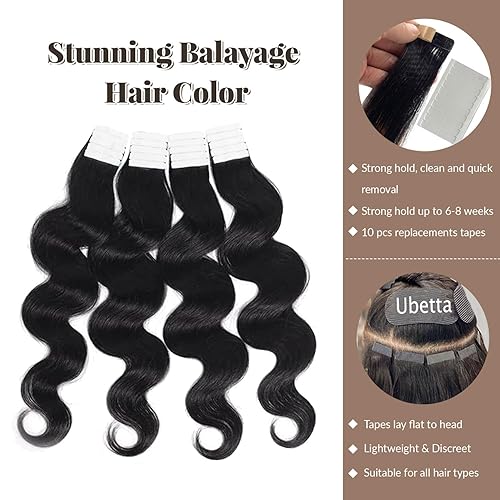 Miniatura 6 de Extensiones de cabello humano con cinta adhesiva de 24 pulgadas, extensiones de cabello humano ondulado negro natural, extensiones de cabello humano