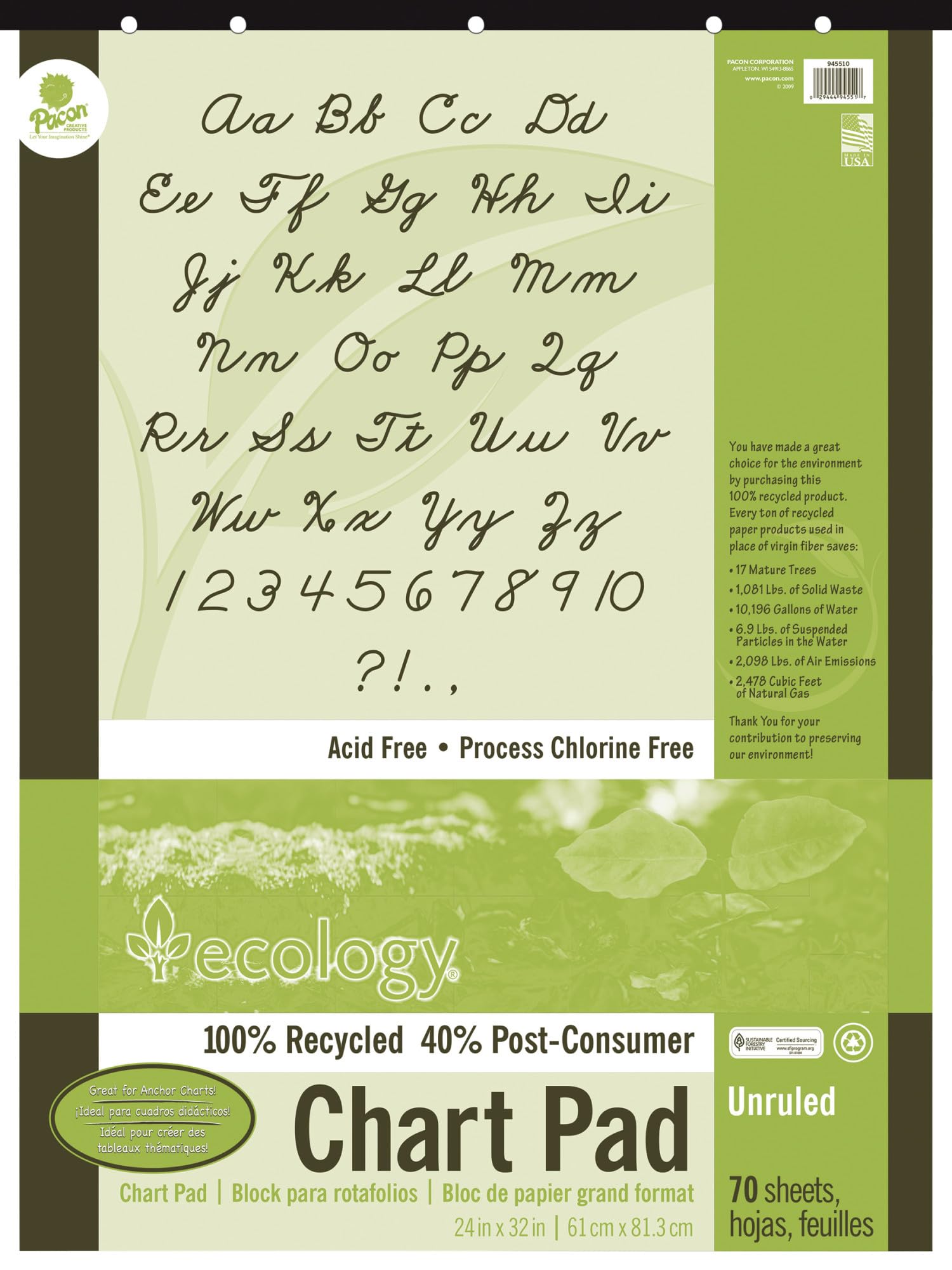 Ecology Recycled Chart Pad, Unruled, 24 x 32 Inches, 70 Sheets