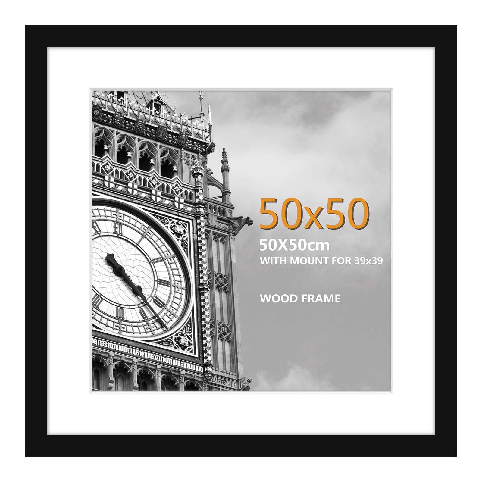 50cm x 50cm frame, 100% Solid Wood Black Photo Frame with Plexiglass Front