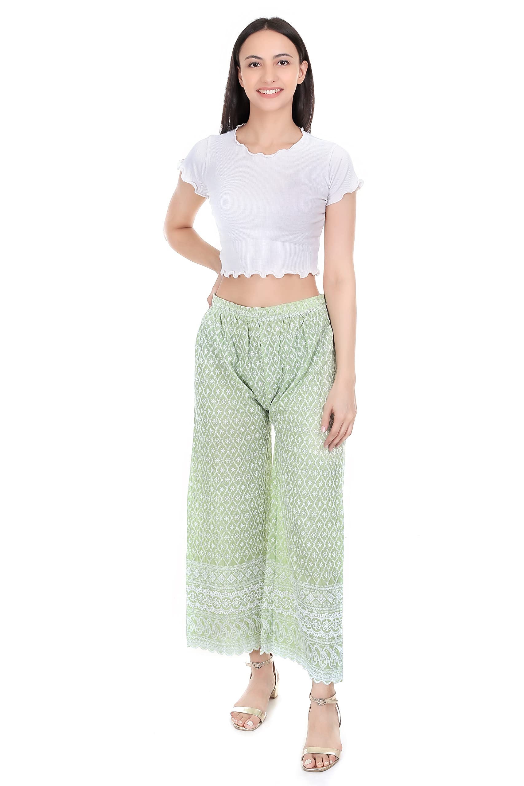 cut and style Women Free Size Cotton Lucknow Chikankari Work Palazzo Mint Green-picture-35