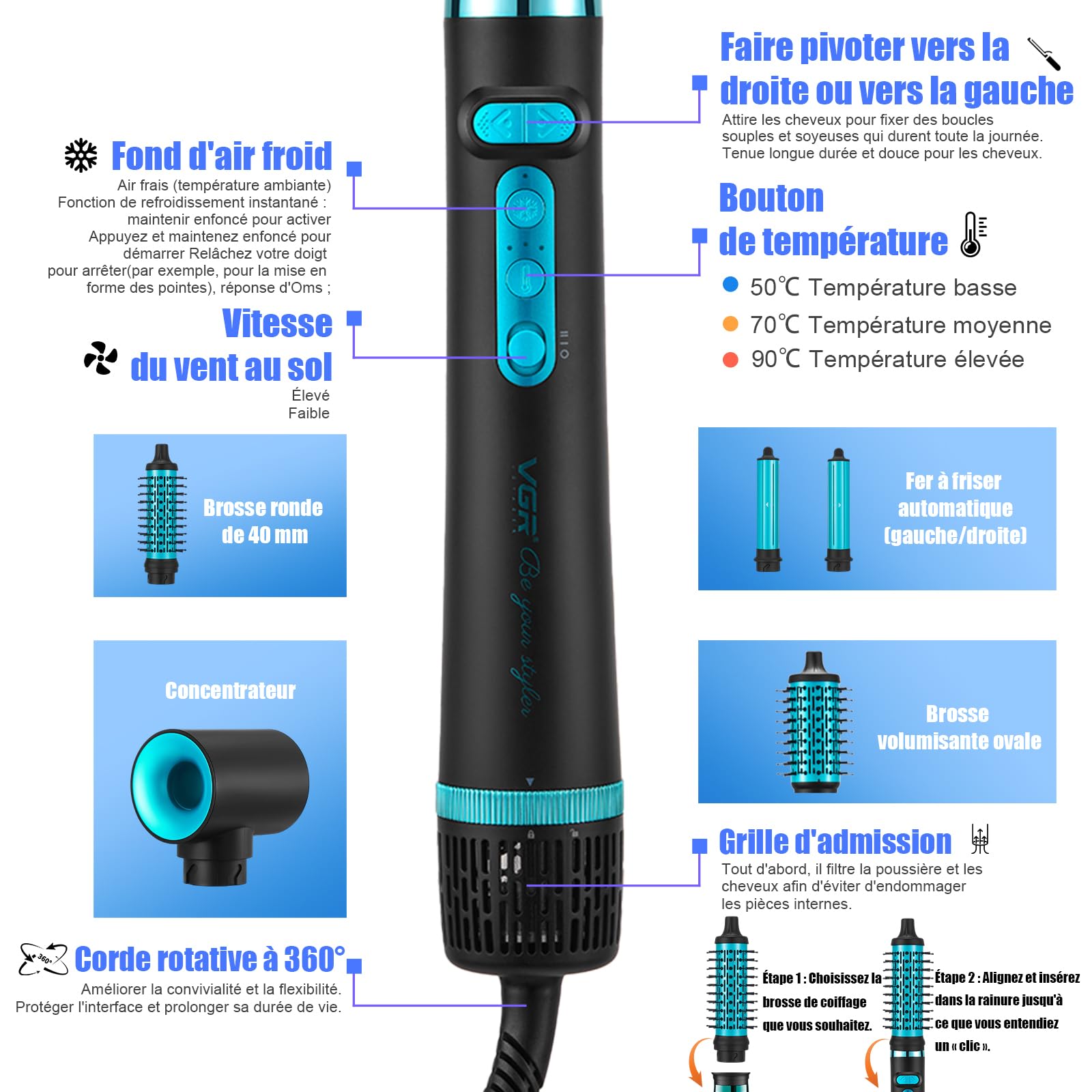 VGR 475 Brosse Soufflante 5-en-1 Multi Styler 1500W, Sèche-Cheveux Ionique avec Fer à Boucler Automatique, Brosse Ovale et Ronde, Cool Shot, 3 Températures et 2 Vitesses, Moteur BLDC, Vert