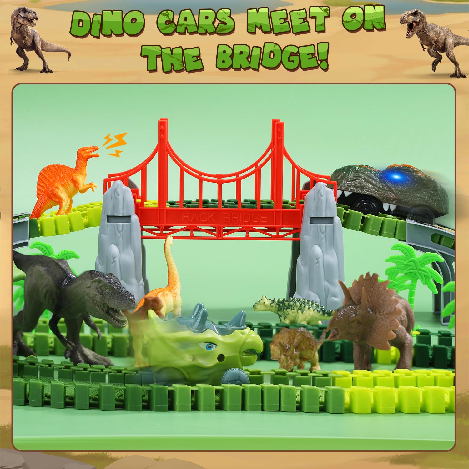 EagleStone Dinosaurier Rennbahn Set – 225 Teile Flexible Rennstrecke, 1 elektrisches Dino Auto mit Licht, 8 Dino Figuren, Dino Tunnelkopf, Weihnachts Geburtstagsgeschenk für Kinder von 3 bis 8 Jahren