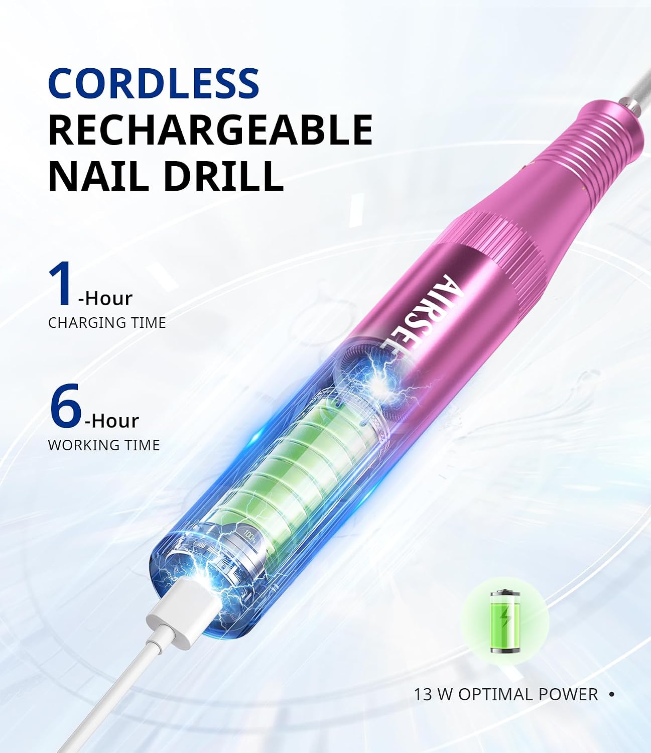 AIRSEE Pro 25000RPM Nail Drill - Cordless Rechargeable Efile for Acrylic, Dip Powder & Gel Nails, Salon & Home Use with Bits & Sanding Bands​