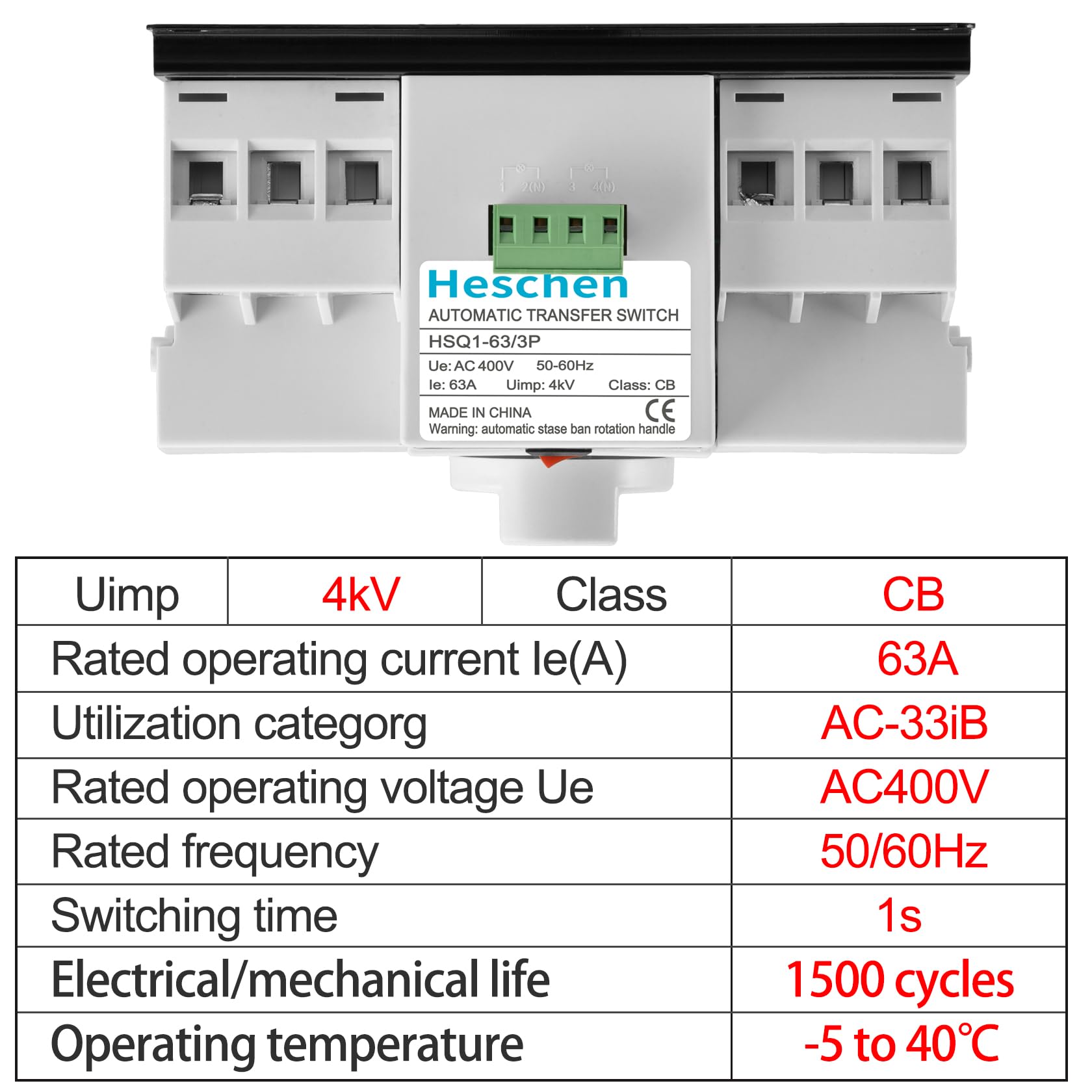 Heschen ATS HSQ1-63 - Interruptor de transferencia automática Dual Power 3P 63A 400V CA Clase CB Auto/Manual para dispositivos con altos requisitos de estabilidad de rendimiento