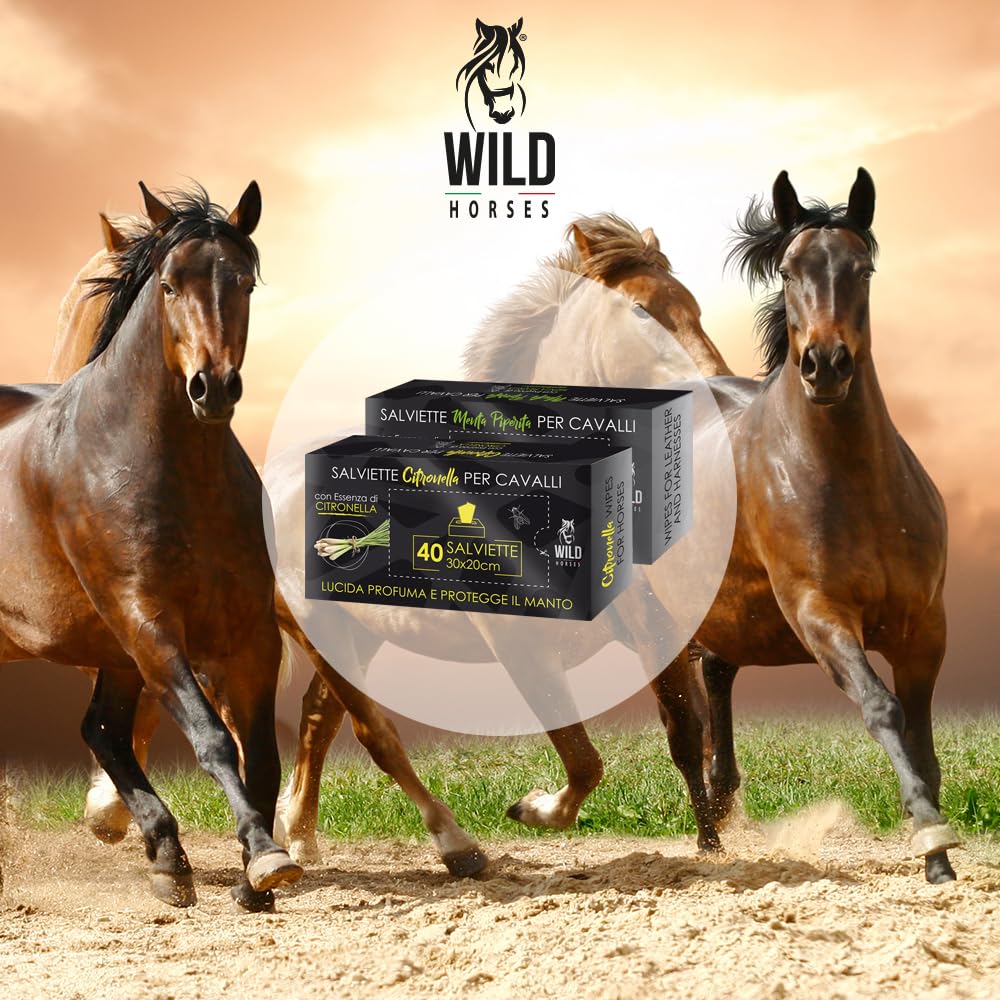 Wild Horses | Salviette Detergenti per Cavalli, Ideali per Lucidare, Profumare e Proteggere il Manto, Menta Piperita, 40 Pz, 30x20cm
