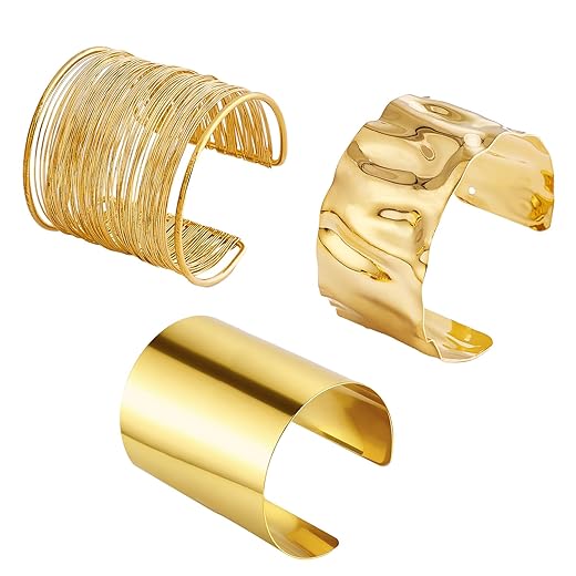 3Pcs Chunky Gold Cuff Bracelets for Women, Irregular Minimalist Open Wide Bangle Bracelets Gold Wrist Arm Cuff Punk Jewelry