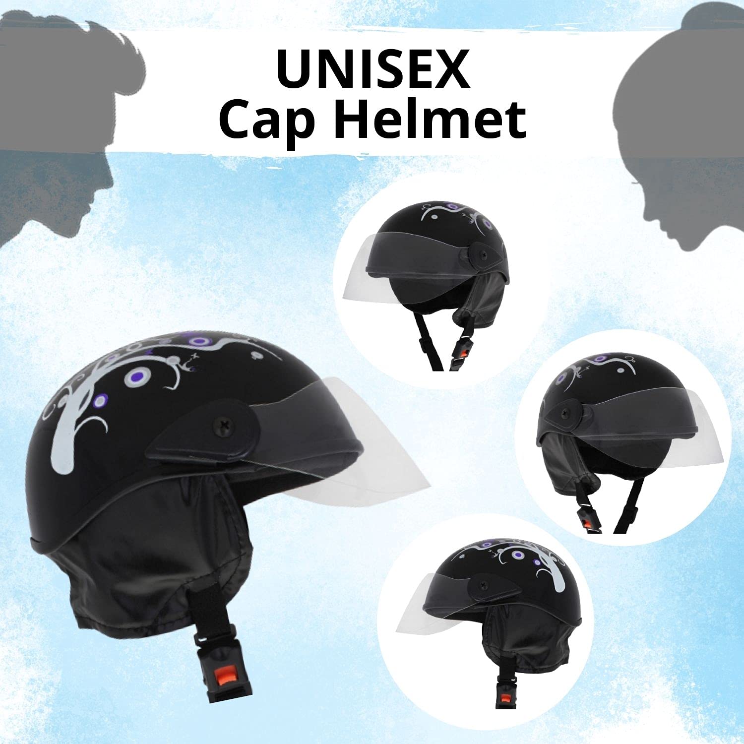 Western Era Half Helmet with Clear Visor for Men & Women ||Safety & Comfort|| Stylish Enhanced Design || (Small, Black Glossy (Blue)) 1