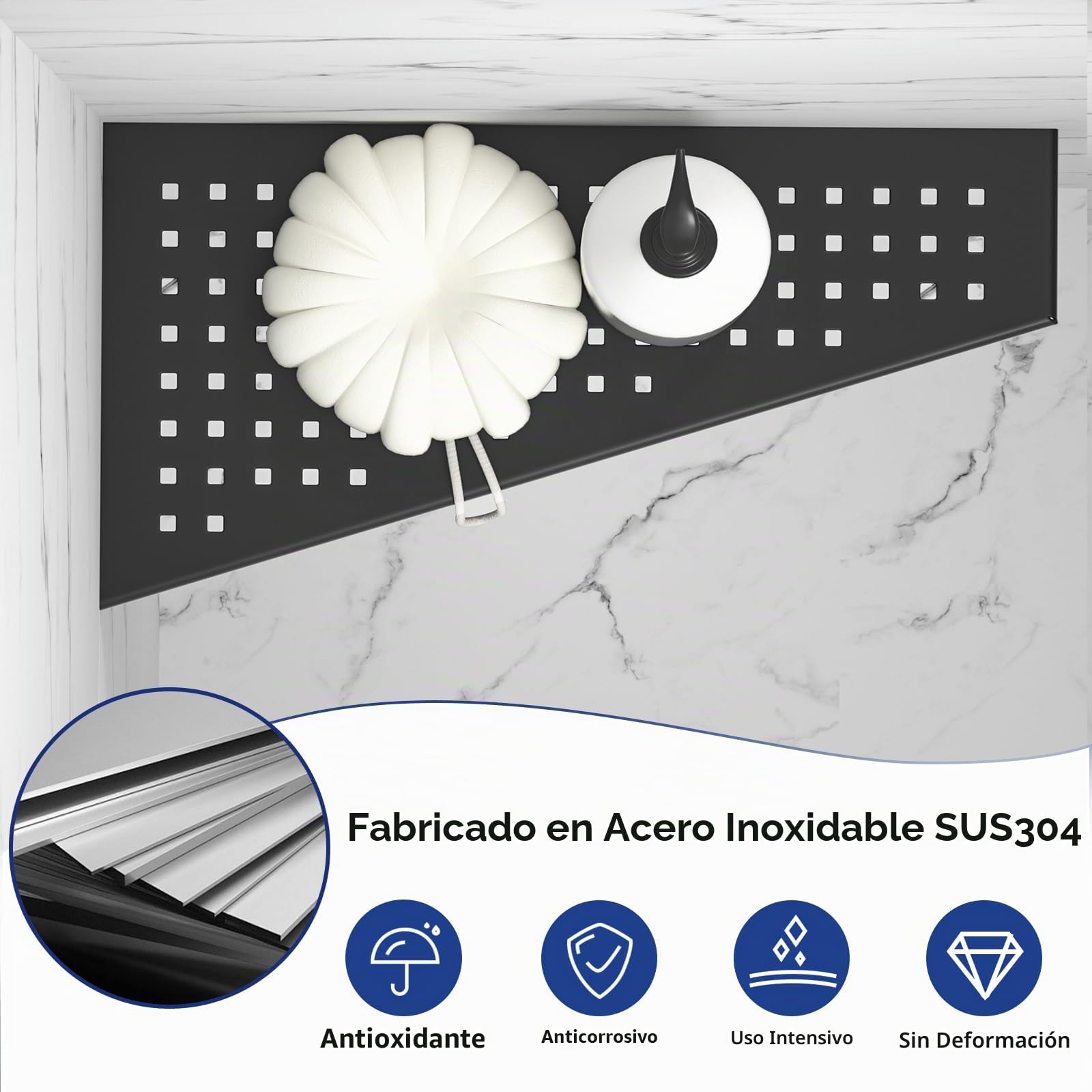 Estante de esquina para ducha de acero inoxidable 304, sin taladrar, para baño, champú, agujero cuadrado trapezoidal, 305 x 155 mm, negro, 2 unidades