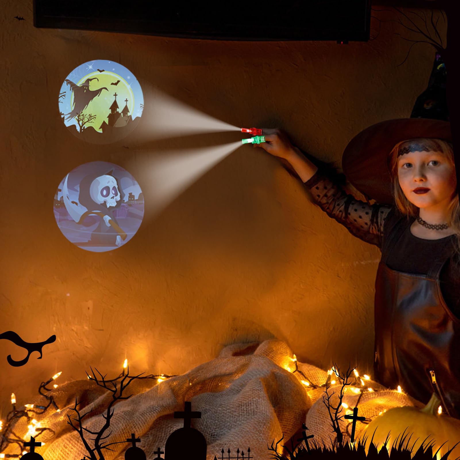 36-Piece Halloween LED Finger Lights - Glow In Dark Party Favors With Spooky Projections