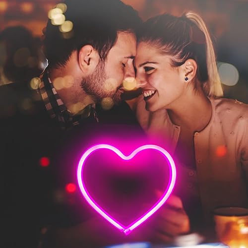 Miniatura 5 de Paquete de 2 letreros de neón de corazón rosa, luces de corazón de neón, funciona con pilas o USB, luz LED de decoración de pared para regalo del