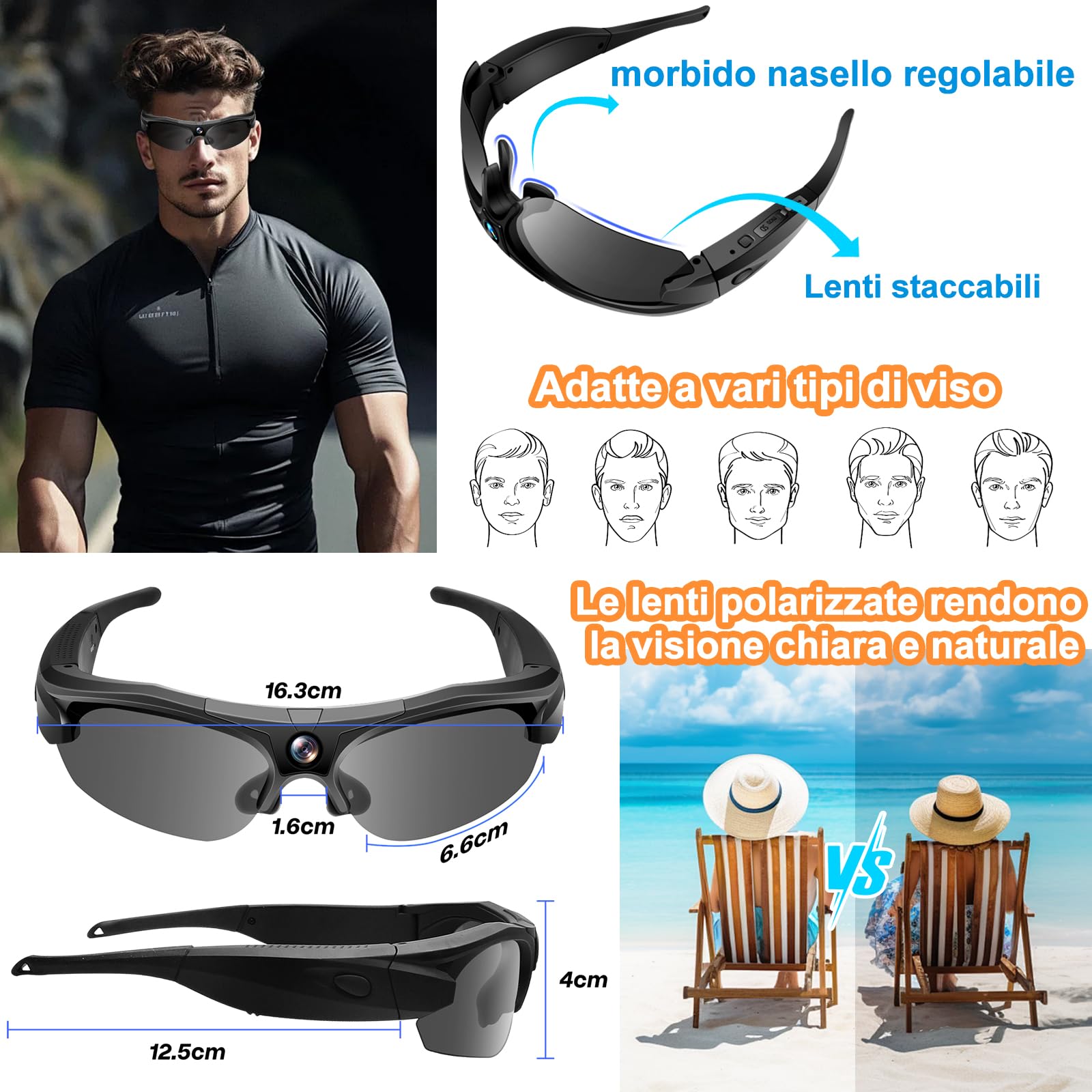 Occhiali con Telecamera 4K WiFi Grandangolo, Lenti Polarizzate | 100min batteria, 256GB SD, registrazione in loop, lenti UV, custodia inclusa