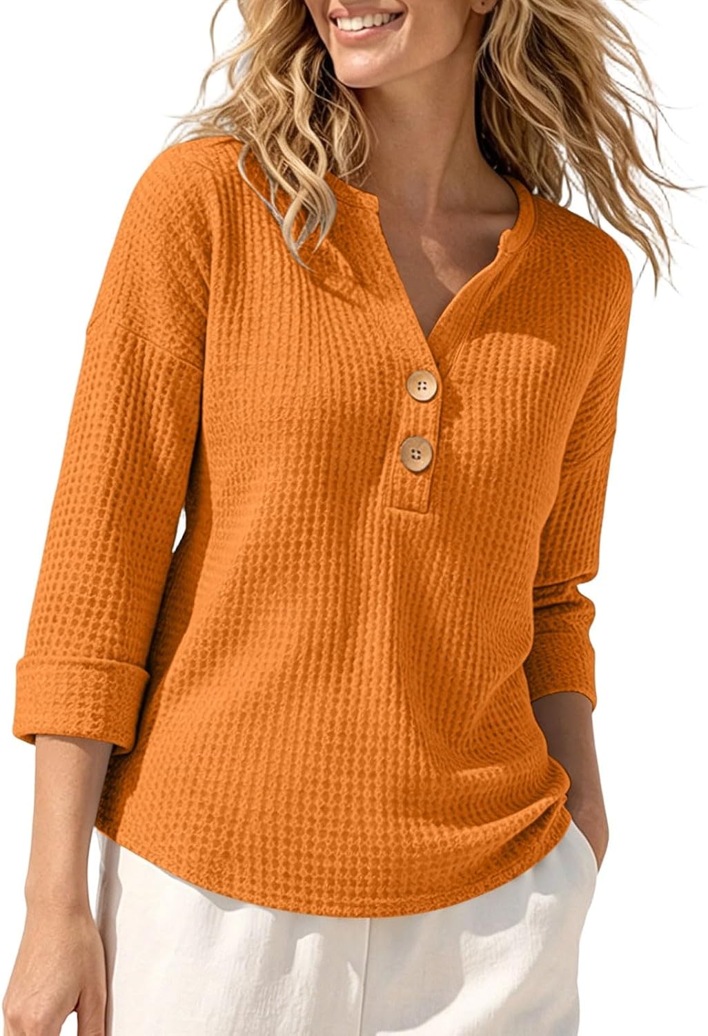 Waffle Knit Blouses for Women V Neck 3/4 Sleeve Button Front Loose Shirts Fall Winter Comfy Soft Dressy Causal Top