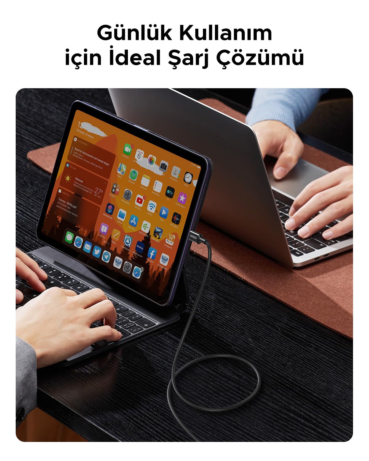 UGREEN USB-C 60W 3A QC PD Örgülü Hızlı Şarj Kablosu, 2 Metre, Beyaz, 35254