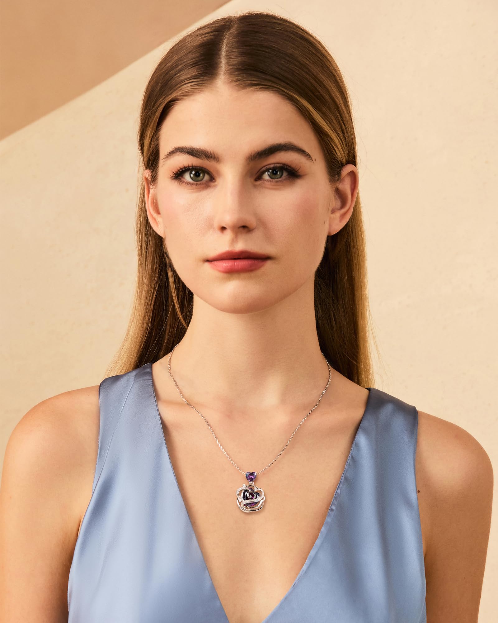 FANCIME Rose Anhänger Halskette für Damen mit Herz künstliche Geburtsstein | 925 Sterling Silber Kette vergoldet mit imitierter Edelsteine Blume Schmuck Weihnachten Geburtstag Geschenke für Frau Sie Mam