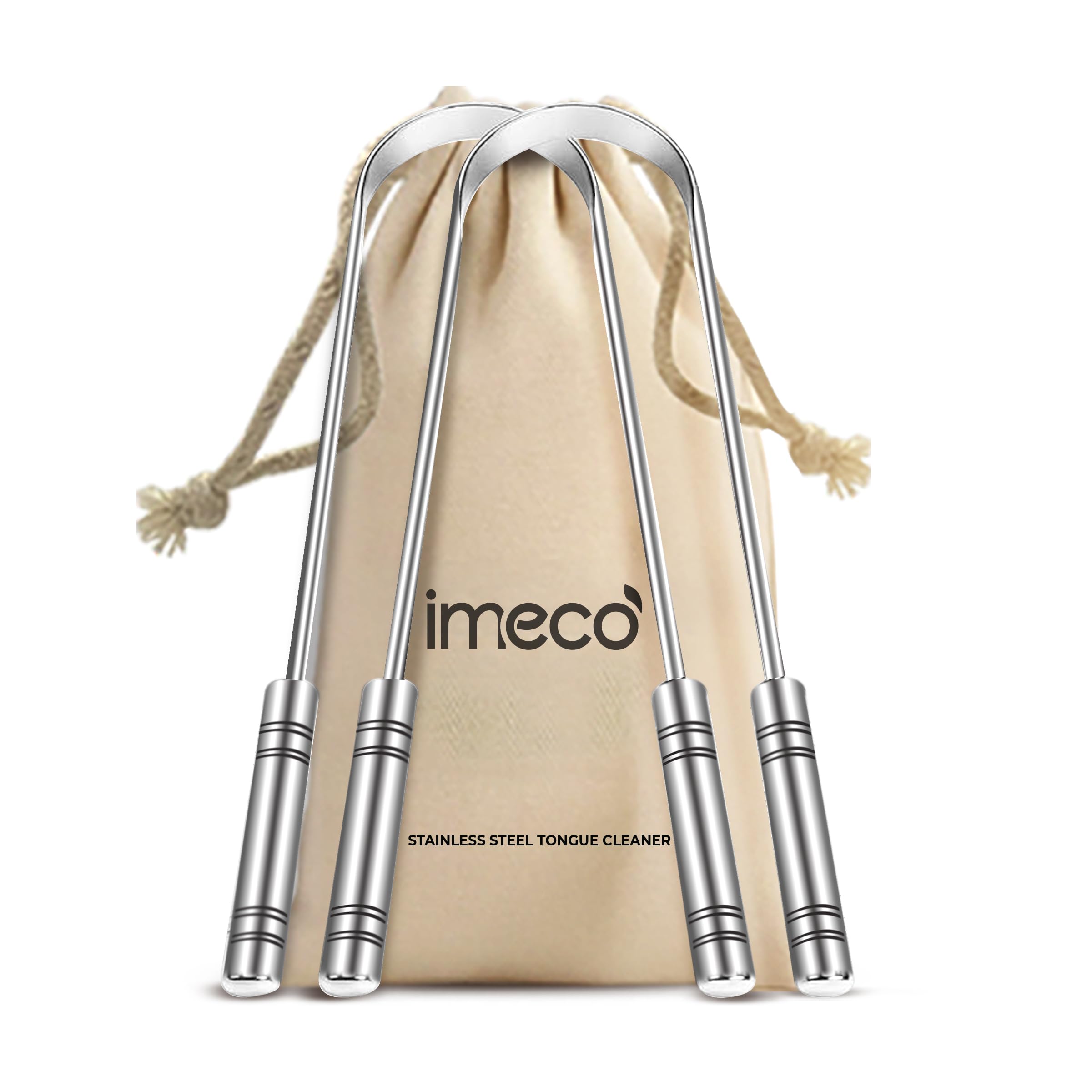 IMECO Stainless Steel Tongue Cleaner (2 Pack) | Unisex | U-Shaped Tongue Scraper with Travel Pouch | Antimicrobial Properties | Comfortable Handle | Reduces Bacteria & Bad Breath | Easy & Safe to Use
