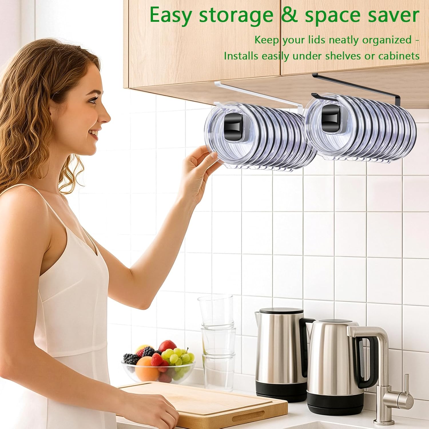 2 Pack Tumbler Lid Organizer for Water Bottle Cup and Mason Jar Storage - Space Saving Kitchen Coffee Cups Organizers Holds 24 Lids, No-Tool Corner Cabinet Rack, No Drill Needed, (Black) - Image 6