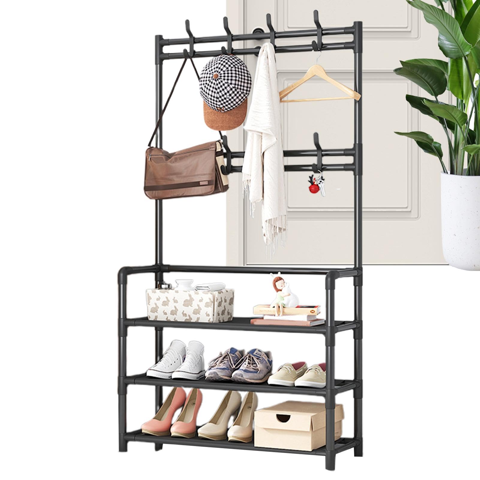 FGXHHS Metal Clothing Garment Rack with Shelves & Hooks - Floor-Standing Hanger for Bedroom Dorm Storage, Heavy-Duty Clothes, Versatile Clothes Stand