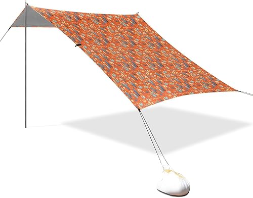 Cacti Orange Foldable Beach Canopy UPF50+ Waterproof Outdoor Sun Shade with Sand Shovel, Sandbags for Family Trips, Picnics & Camping