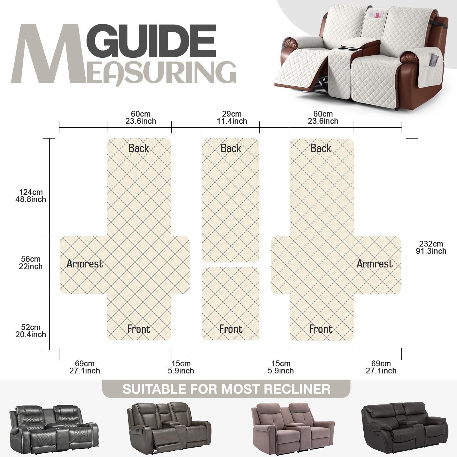 Funda 100% impermeable para sofá biplaza reclinable con consola, fundas antideslizantes para sofá reclinable de 2 asientos, protector de muebles con correas elásticas para niños, mascotas, 6