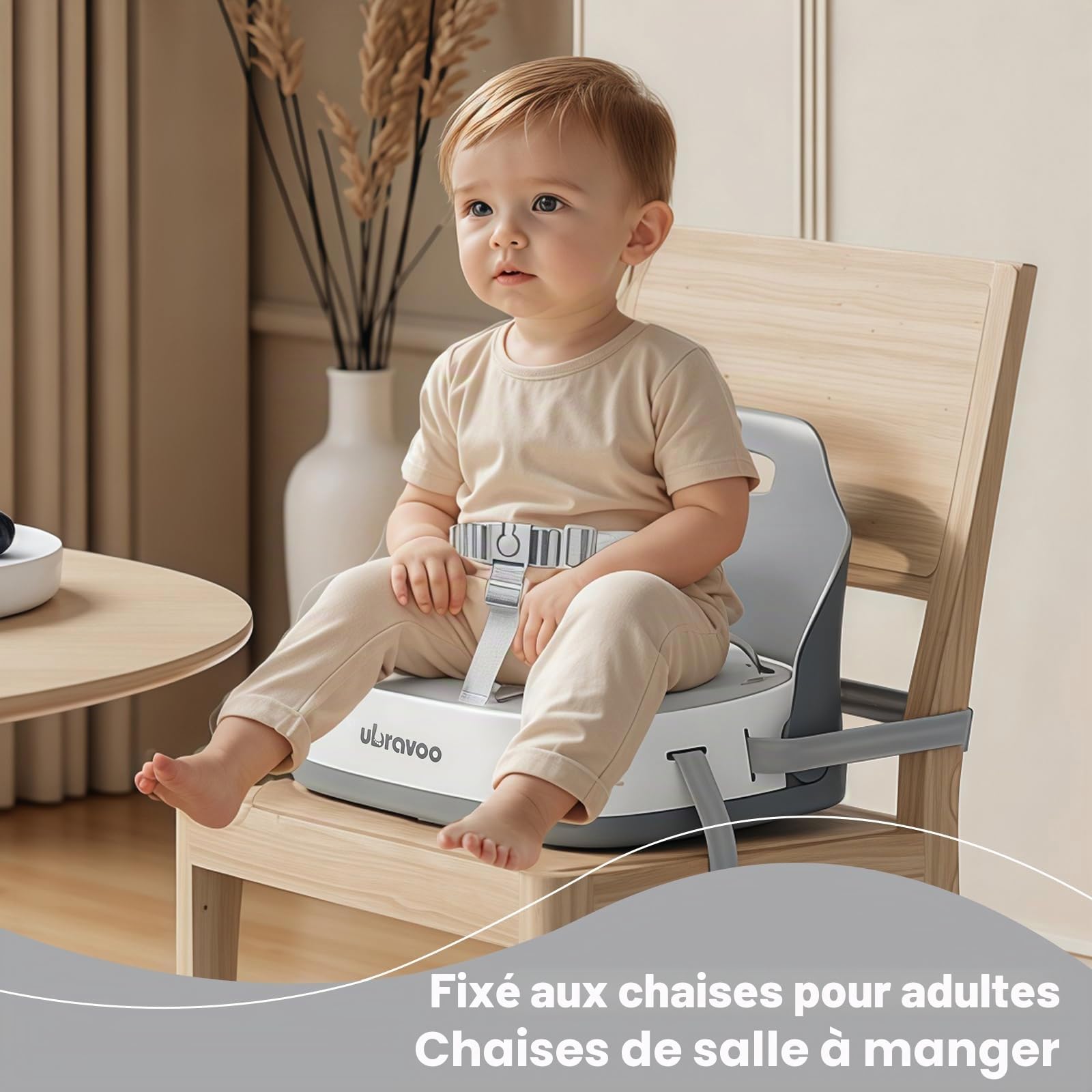 UBRAVOO Siège d'appoint Portable pour salle à manger, chaise haute de voyage avec harnais à 3 points et 2 sangles réglables, chaises lavables pour bébé de 6 mois et plus assis (Gris)
