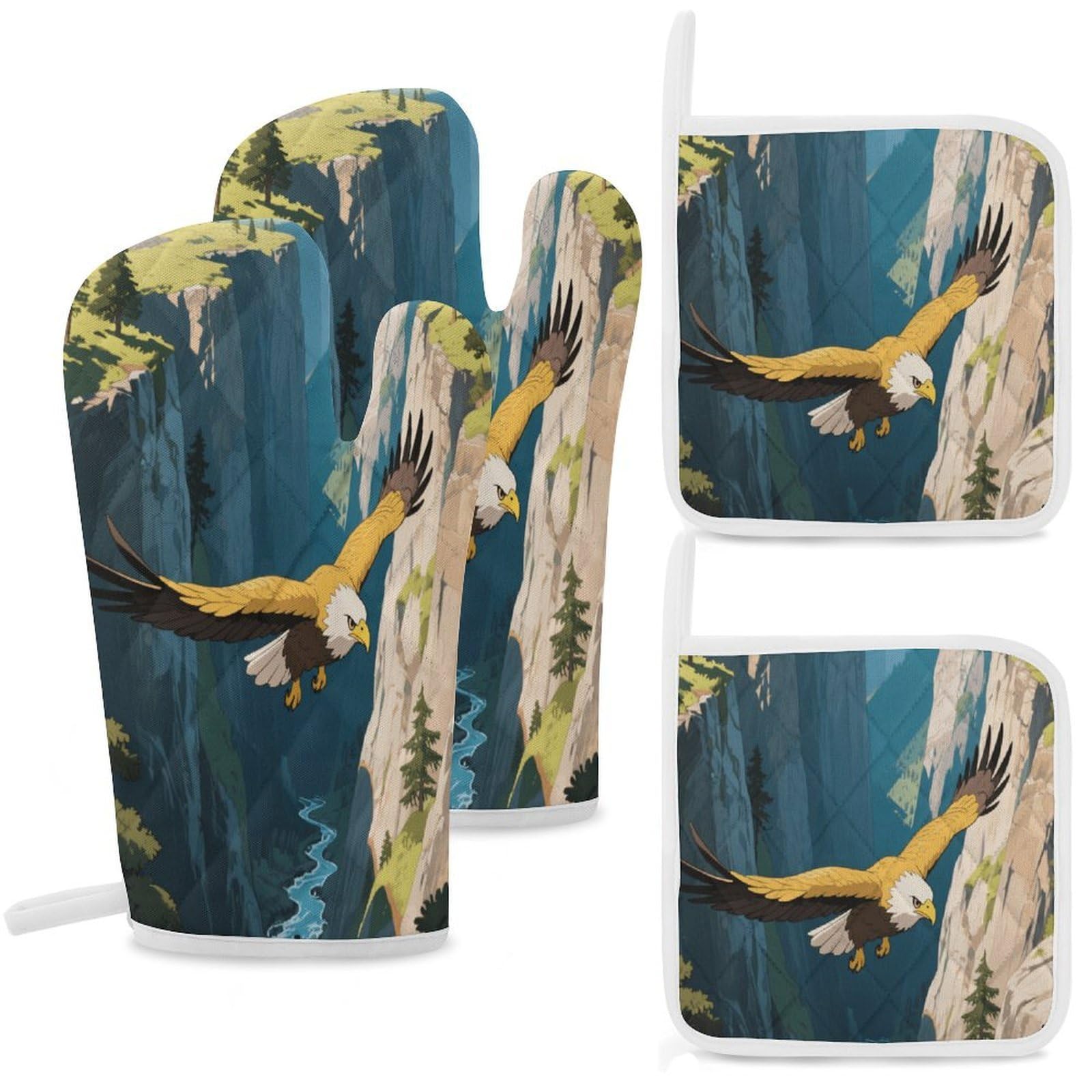 Fekiloot Style Golden Eagles In The Valley Oven Mitts And Pot Holders 4-Piece Set, Kitchen Oven Glove With Hanging Loop, Bbq Gloves For Cooking Baking Grilling