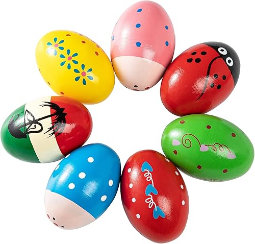 Musfunny Juego de cocteleras de huevos, 7 piezas de madera de percusión de mano, instrumento musical de maracas para premios de fiesta de educación