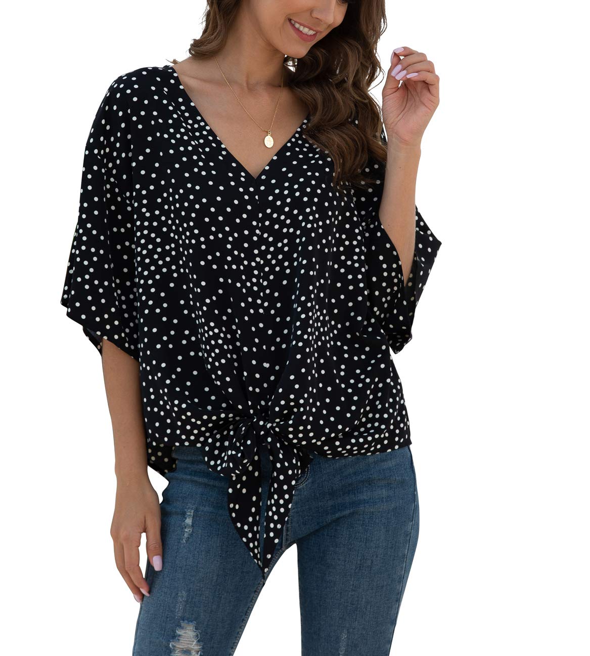 VIISHOWWomens Tie Front Chiffon Blouses V Neck Batwing Short Sleeve Summer Floral Tops Shirts