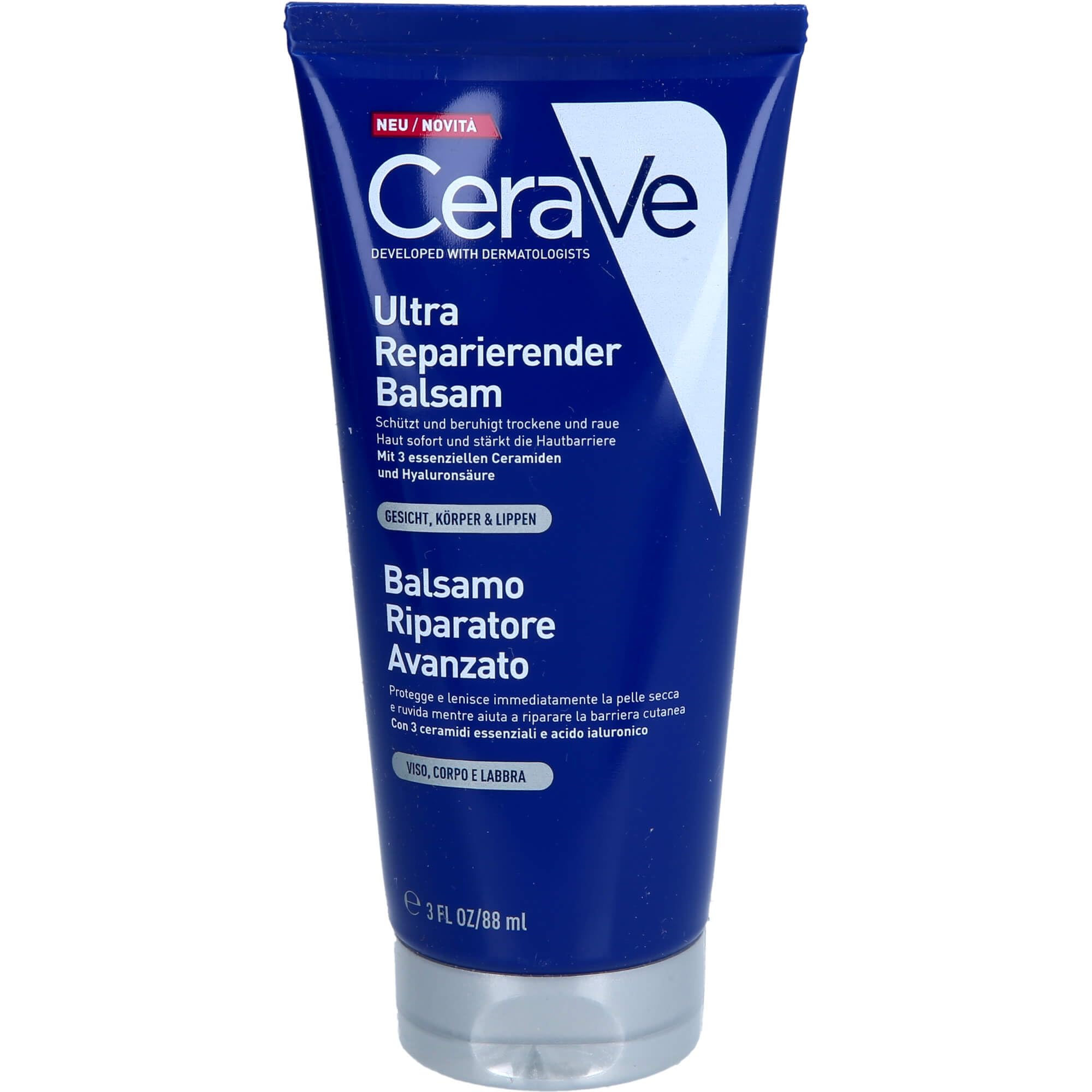 CeraVe Ultra Reparierender Balsam für Gesicht, Körper und Lippen, Creme für trockene, raue und rissige Haut, Mit 3 essenziellen Ceramiden und Hyaluronsäure, 88 ml