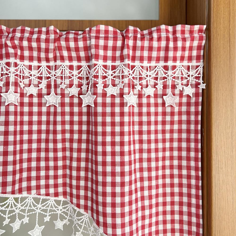 1 Panel Farmhouse Red and White Plaid Kitchen Curtain for Window Vintage Cute Star Arched Short Curtain for Cabinet Cafe Rustic Half Window Valance for Doorway Bathroom, Rod Pocket (Red,W78 L25 inch)