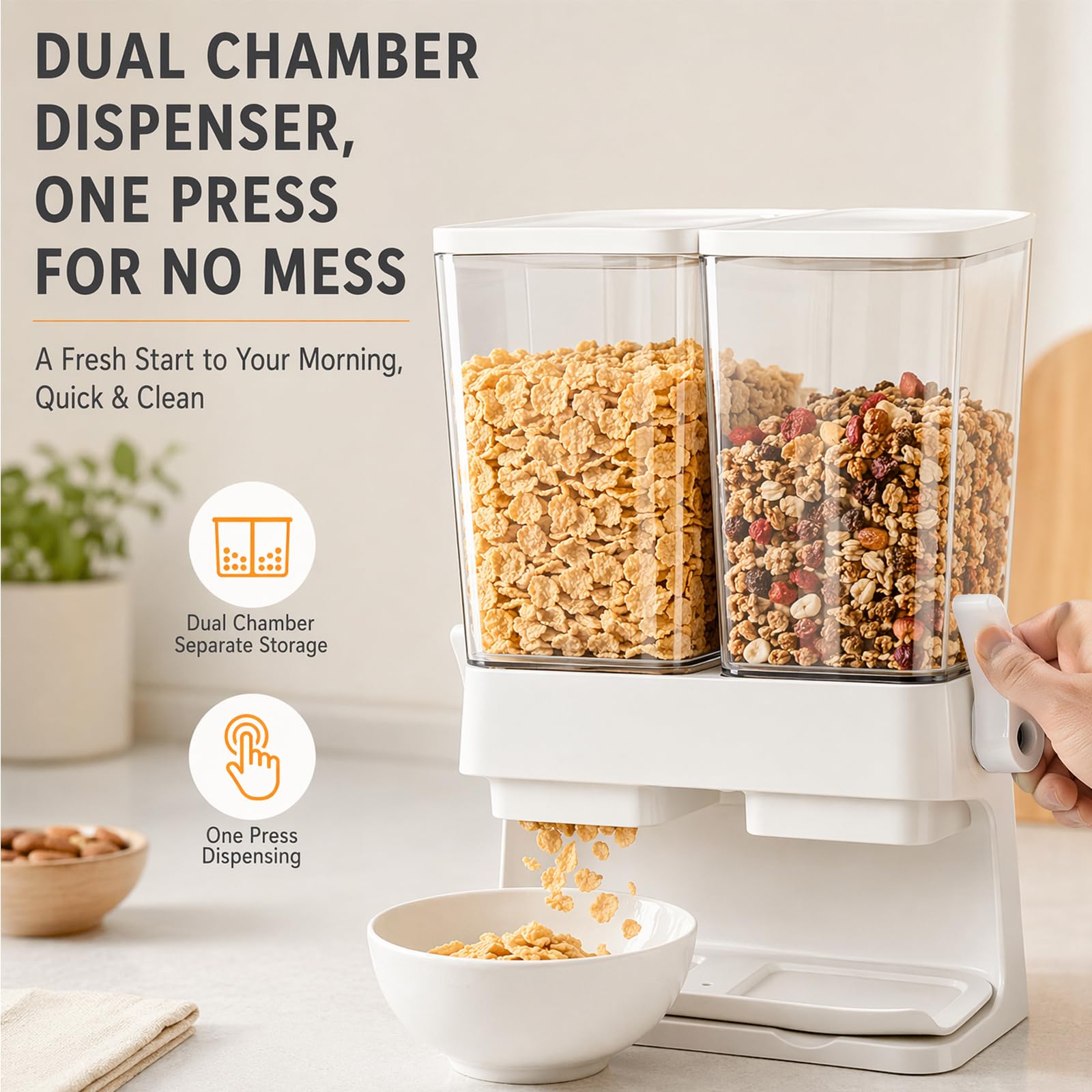 Juego de 2 dispensadores de cereales, 2 dispensadores de cereales de 3 L, a prueba de fugas y aptos para alimentos, recipientes transparentes herméticos para cereales, nueces, granos de café y avena