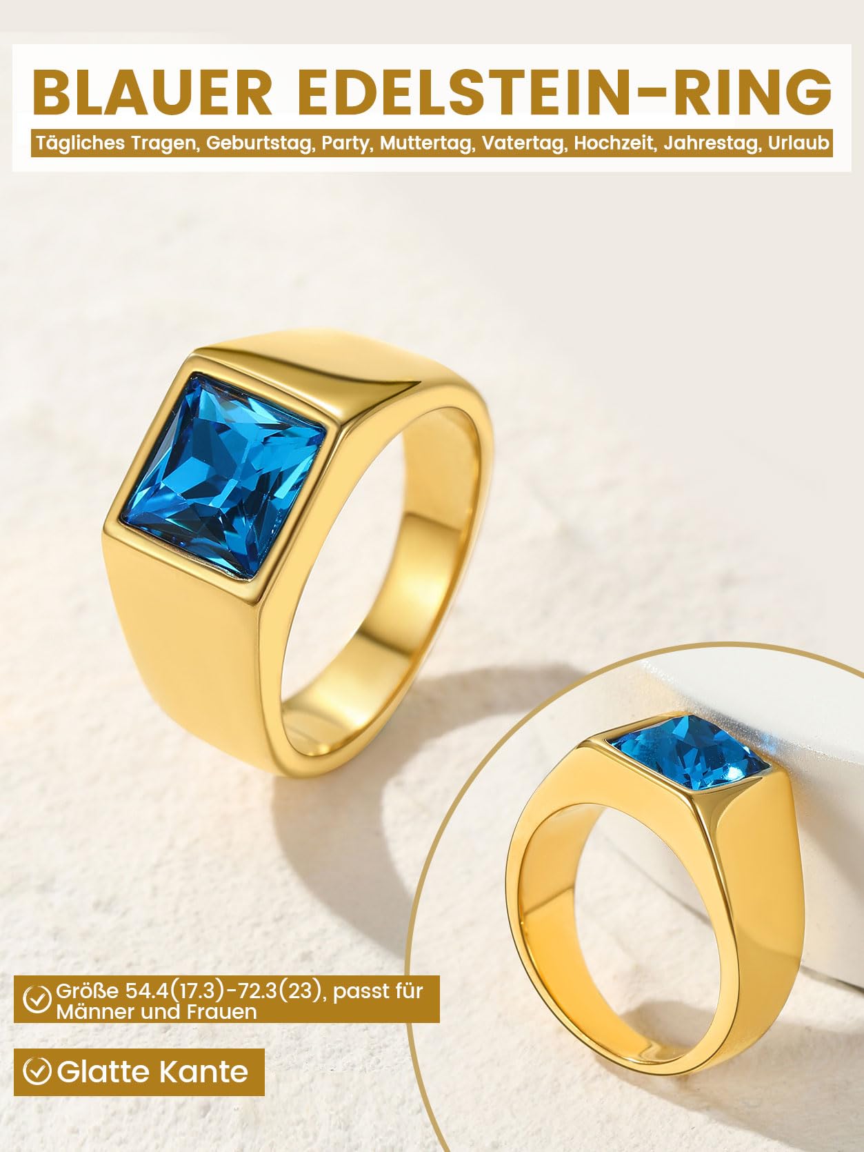 GoldChic Schwarzer/Blauer Stein Ring Herren Damen Siegelring mit Gravur Geburtsstein Edelstahlring Bandring Solitärring Schmuck Größe 54mm bis 72mm wählbar