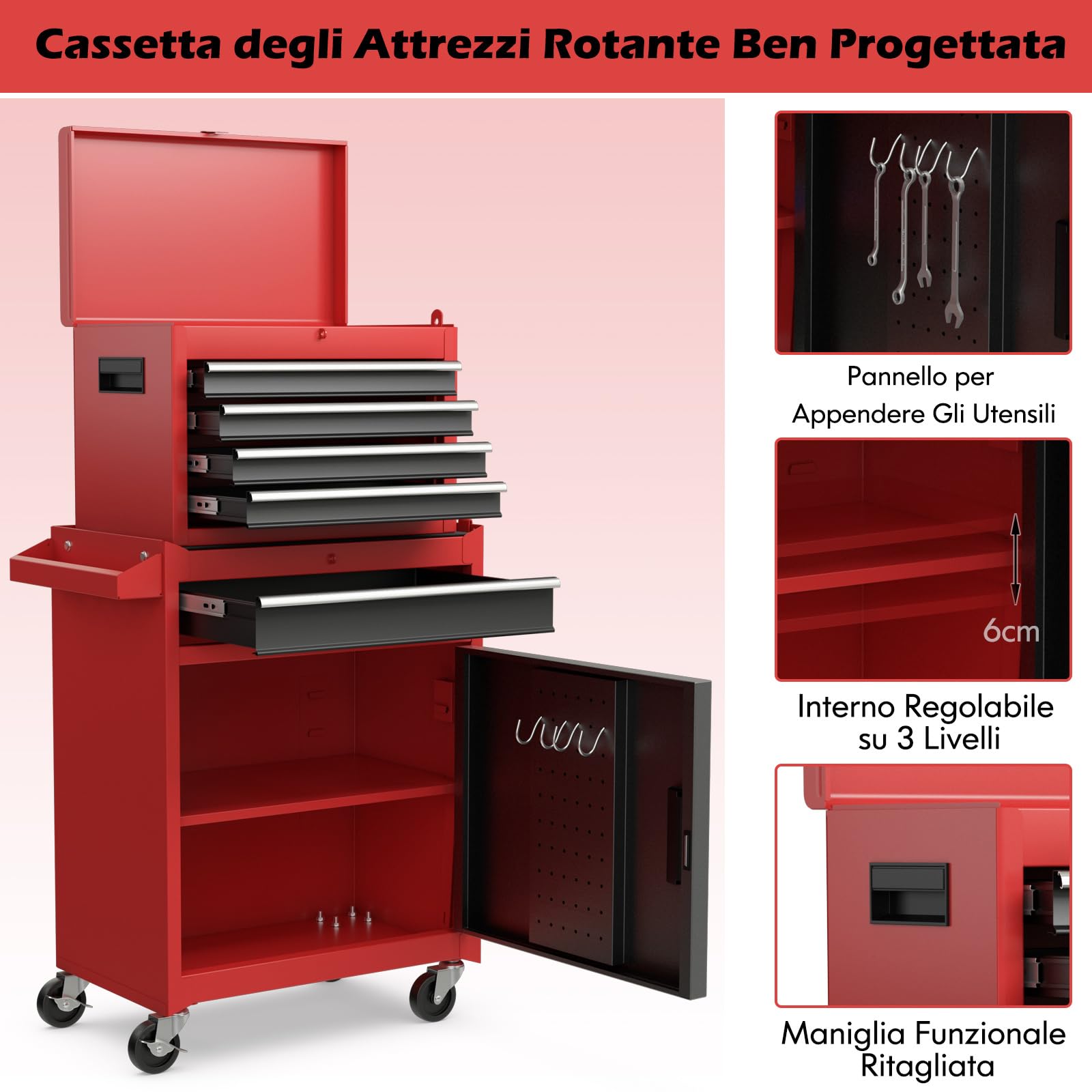 COSTWAY Cassettiera Portautensili a 4 Cassetti, Carrello per Attrezzi con Ruote Bloccabili Ripiano Regolabile e Rivestimento Antiscivolo, 59 x 28 x 102 cm (Nero + Rosso)