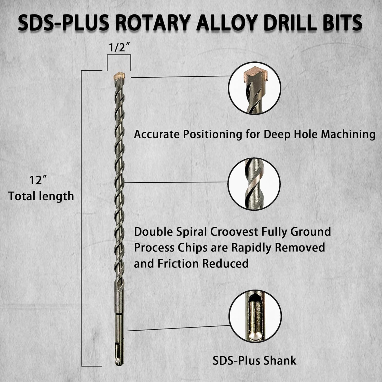 Direko SDS Plus Rotary Hammer Drill Bits 5-Piece Carbide-Tipped for Masonry，Concrete,Brick Granite etc (HD-A1/2 x12-5)