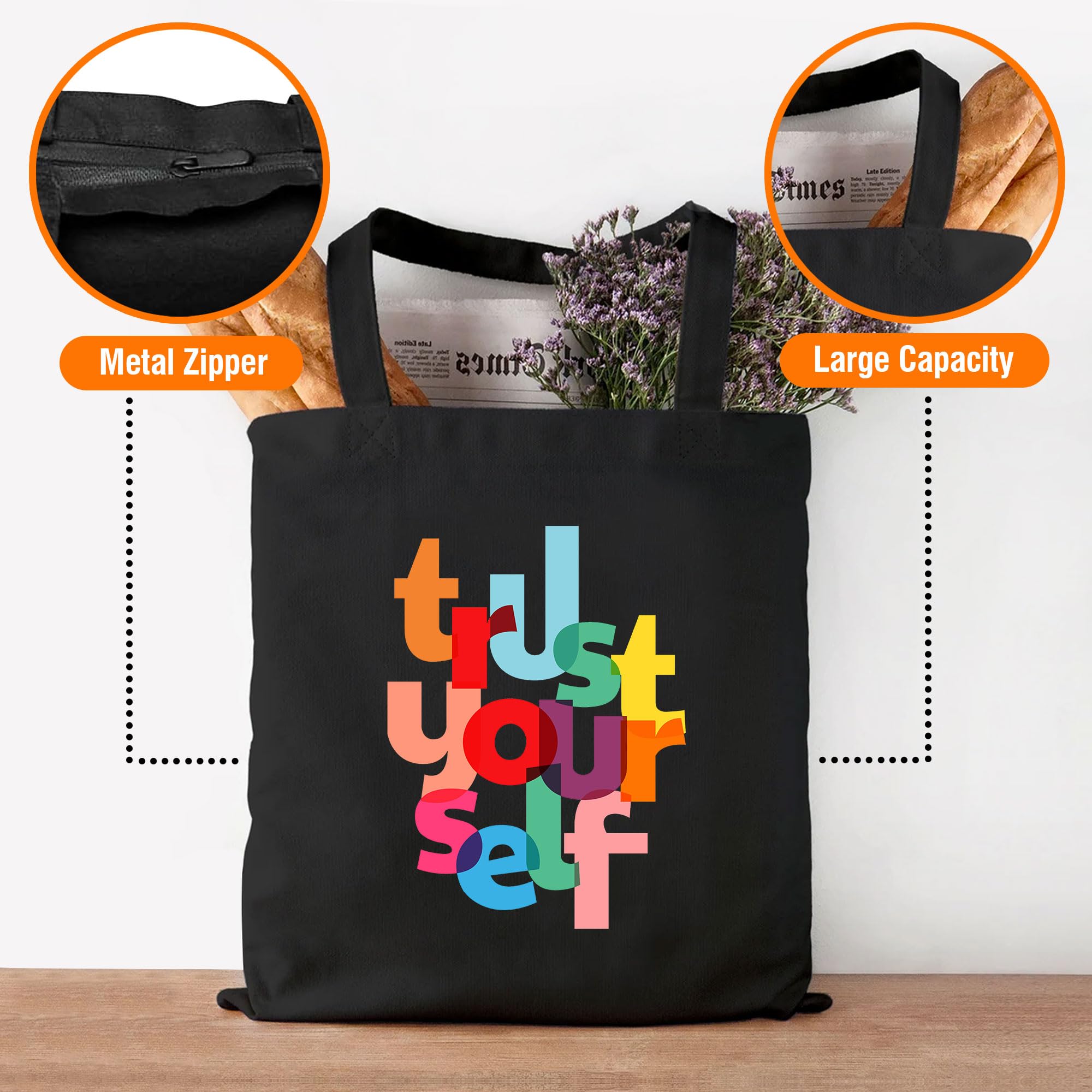 Goelite Trust Yourself Tote Bag For Women With Zipper | Canvas Cloth Totes Suitable For Grocery, Shopping, Girls College And Daily Use | Aesthetic Stylist Look Travel Handbag For Multipurpose Use 1
