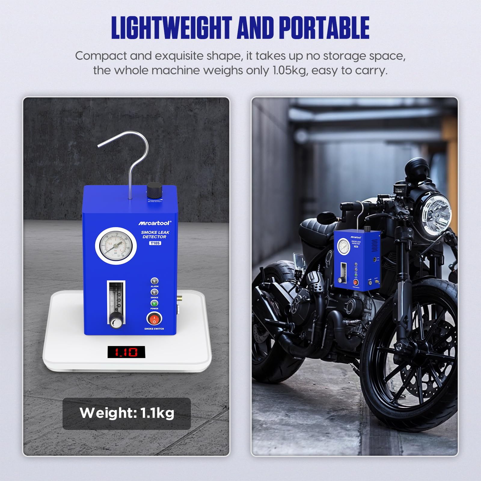 Tester di perdite per automobili con macchina del fumo T105, con pompa dell'aria integrata e manometro, tester diagnostico EVAP e rilevatore di perdite di carburante per tubazioni, per veicoli a 12V