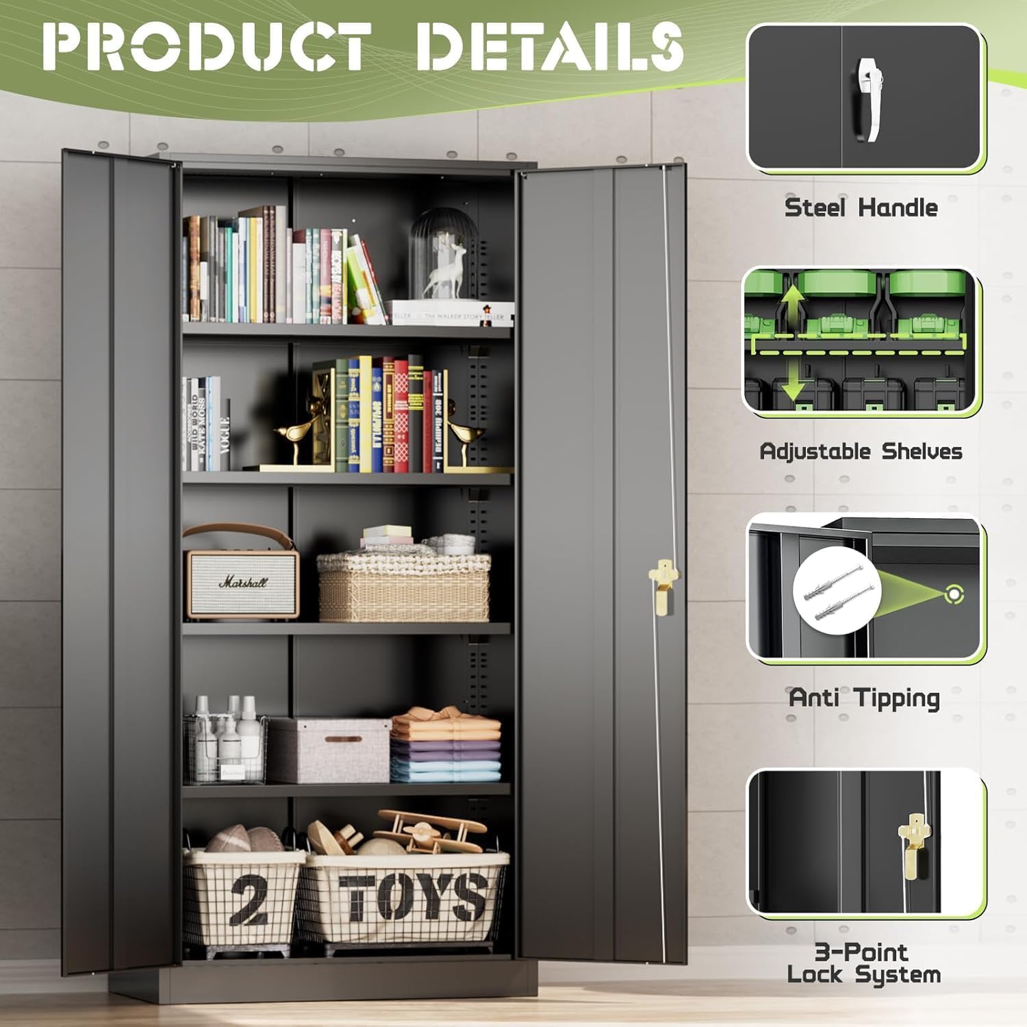 SUNCROWN Metal Storage Cabinets with Lock, 72" Locking Garage Cabinet with 2 Door and 4 Adjustable Shelves, Locking Tool Cabinets for Office,Home,Garage,Gym,School (Black)